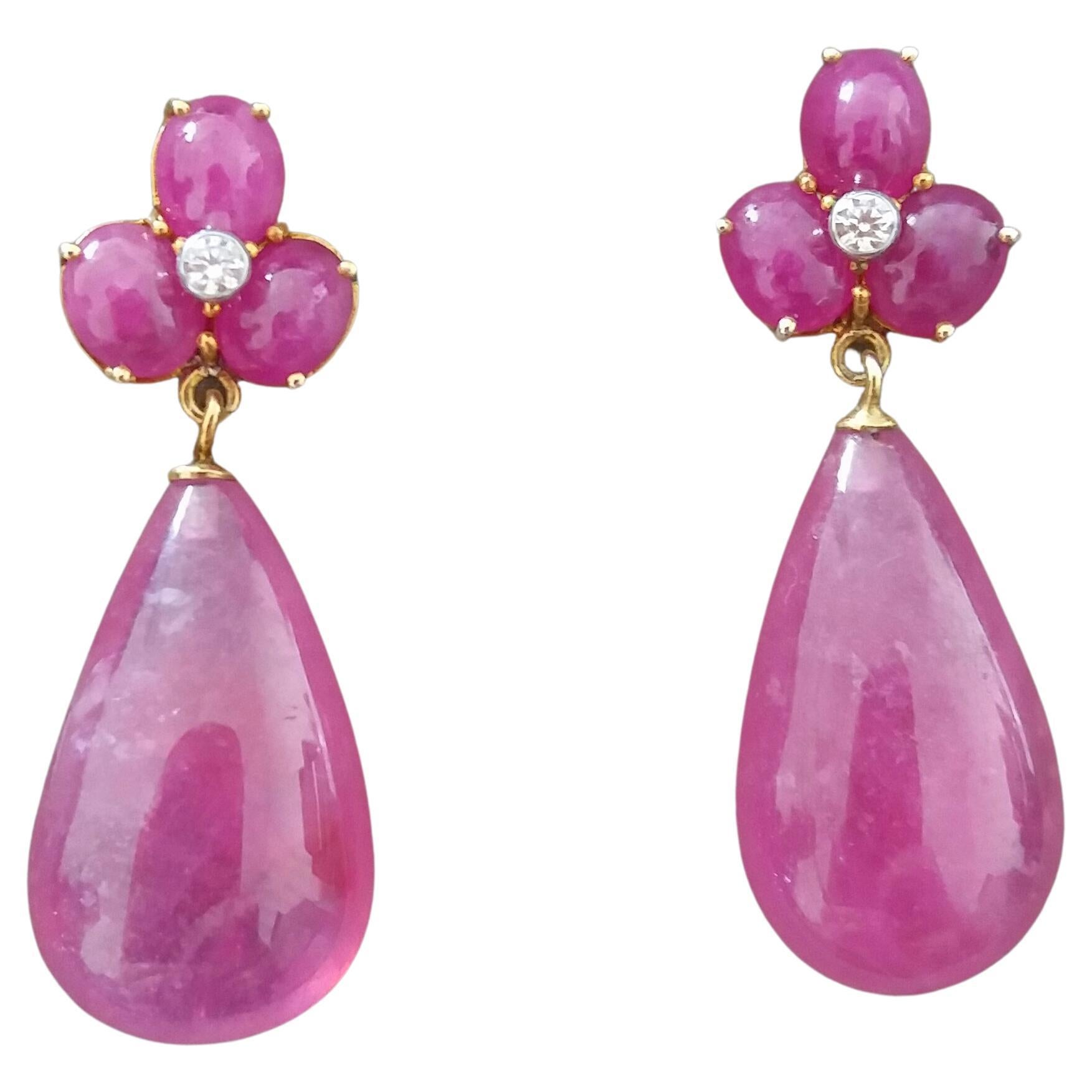 3 Ruby Oval Cabs Yellow Gold Diamonds 40 Carats Pear Shape Ruby Drops Earrings For Sale