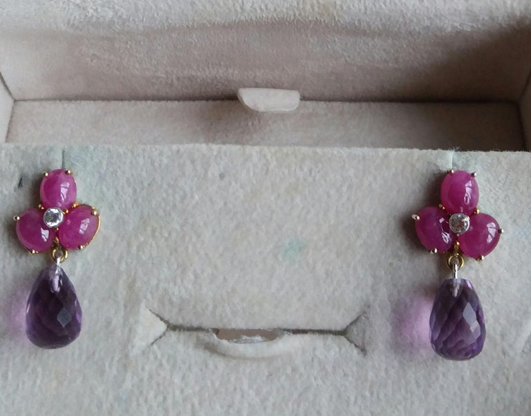 3 Ruby Oval Cabs Yellow Gold Diamonds Faceted Round Shape Amethyst Drop Earrings For Sale 4