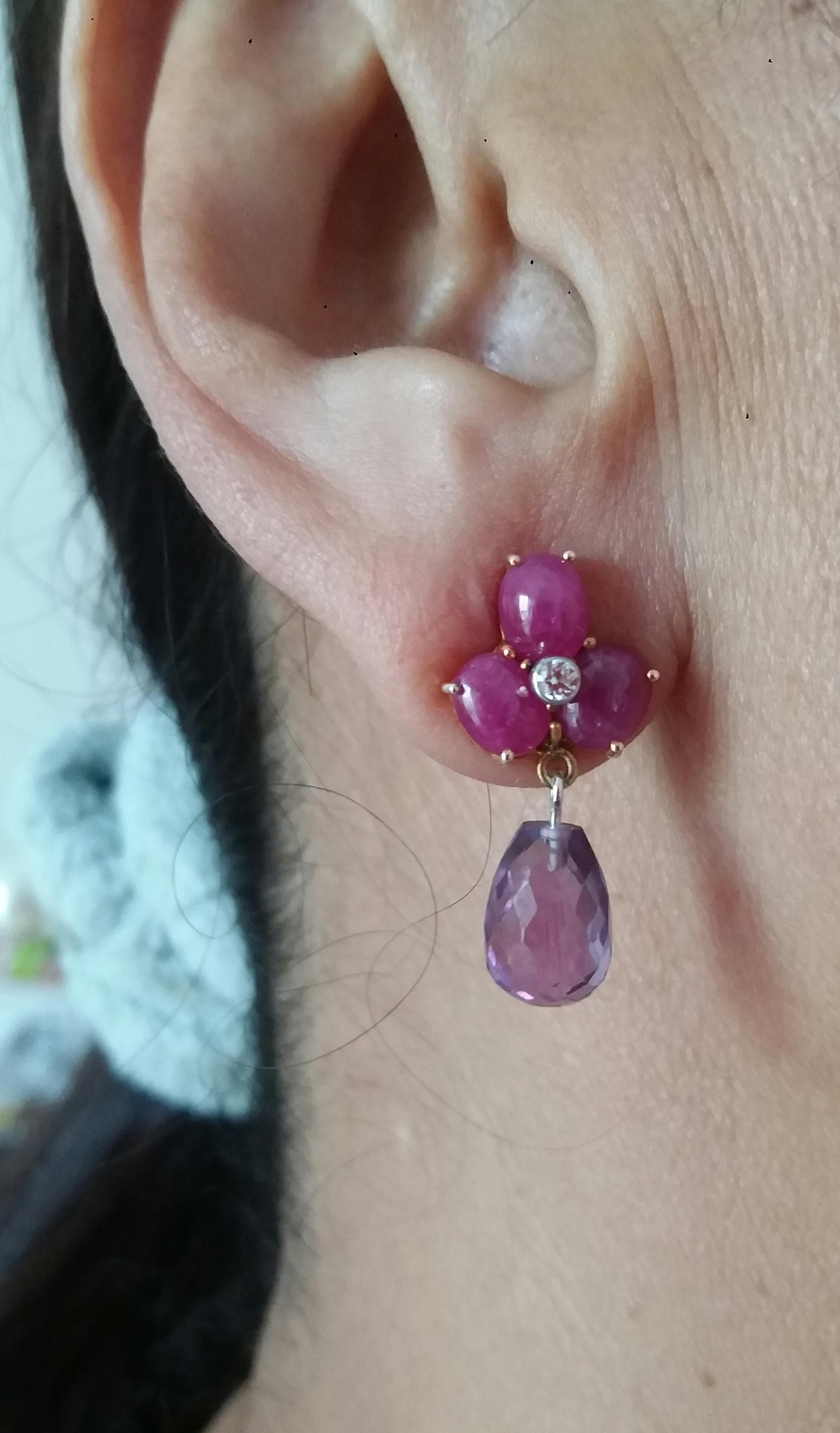 Mixed Cut 3 Ruby Oval Cabs Yellow Gold Diamonds Faceted Round Shape Amethyst Drop Earrings For Sale
