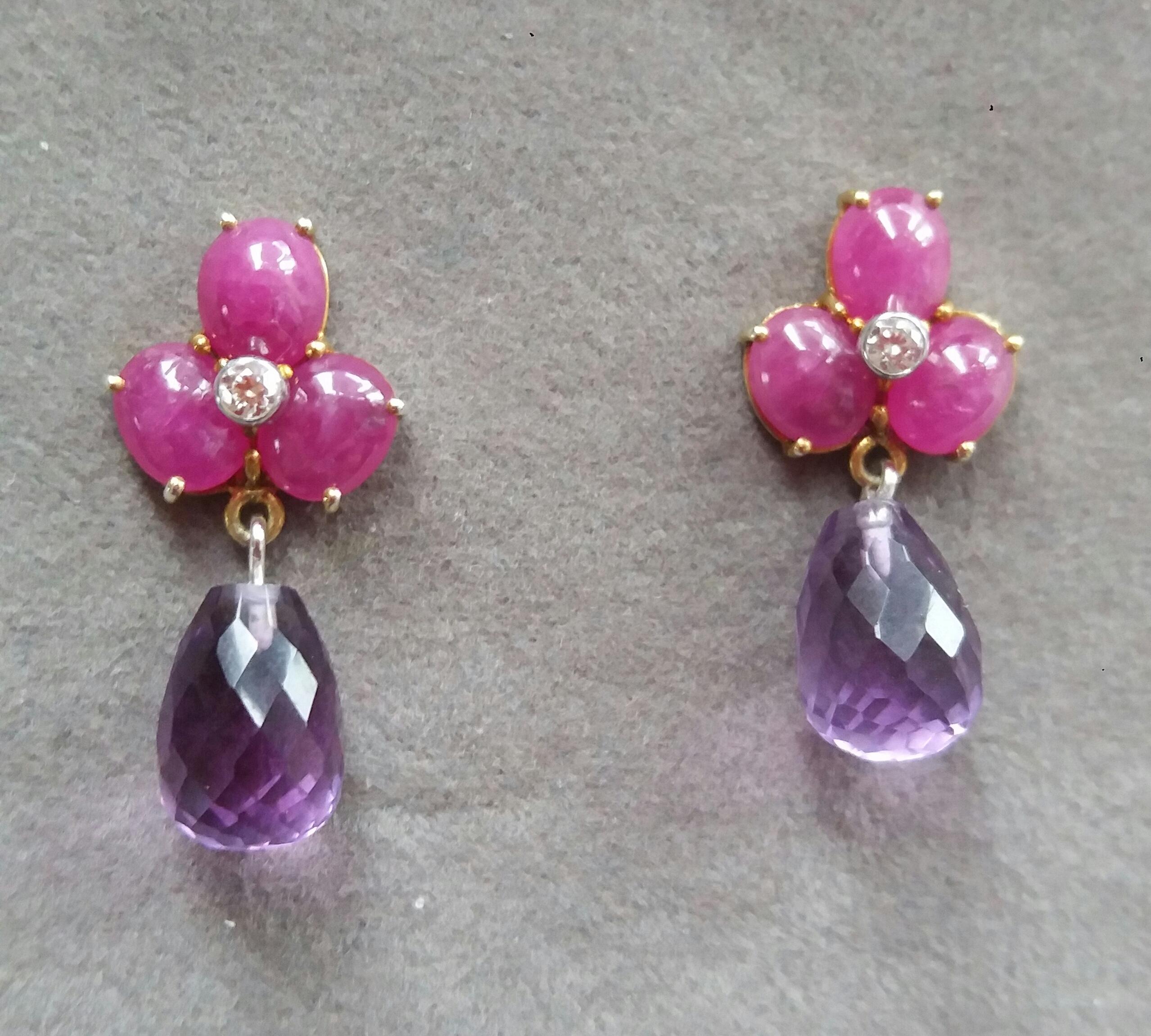 3 Ruby Oval Cabs Yellow Gold Diamonds Faceted Round Shape Amethyst Drop Earrings In Good Condition For Sale In Bangkok, TH