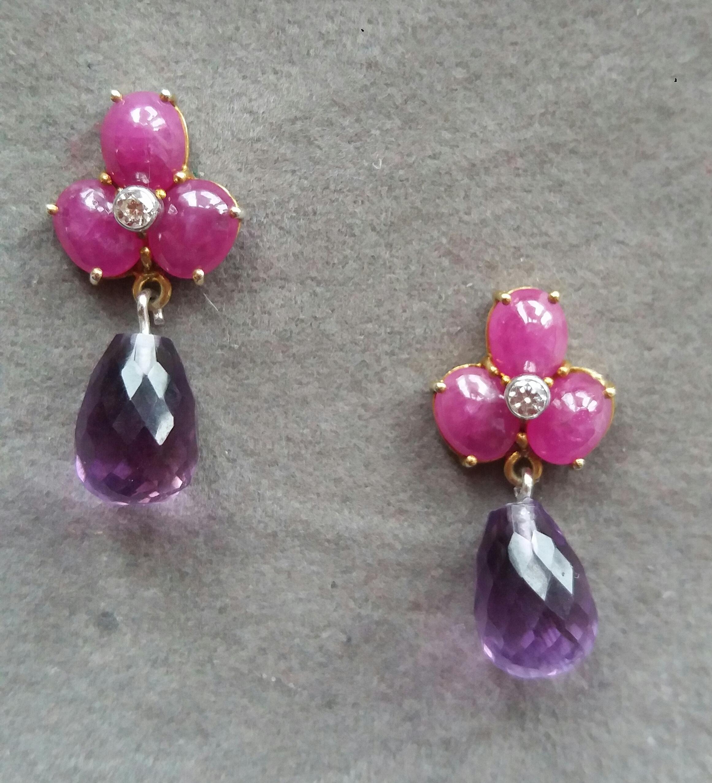 Women's 3 Ruby Oval Cabs Yellow Gold Diamonds Faceted Round Shape Amethyst Drop Earrings For Sale