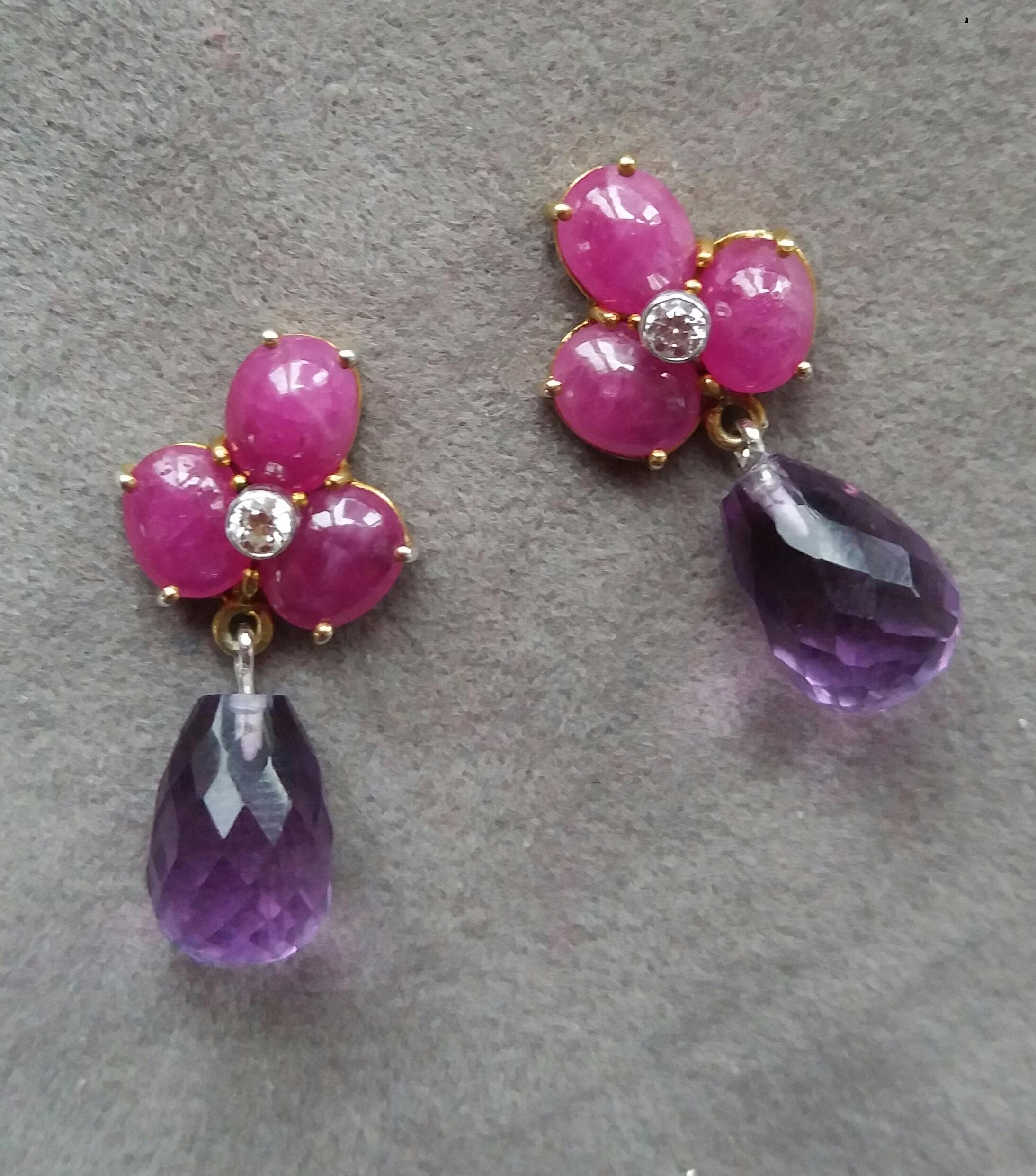 3 Ruby Oval Cabs Yellow Gold Diamonds Faceted Round Shape Amethyst Drop Earrings For Sale 1