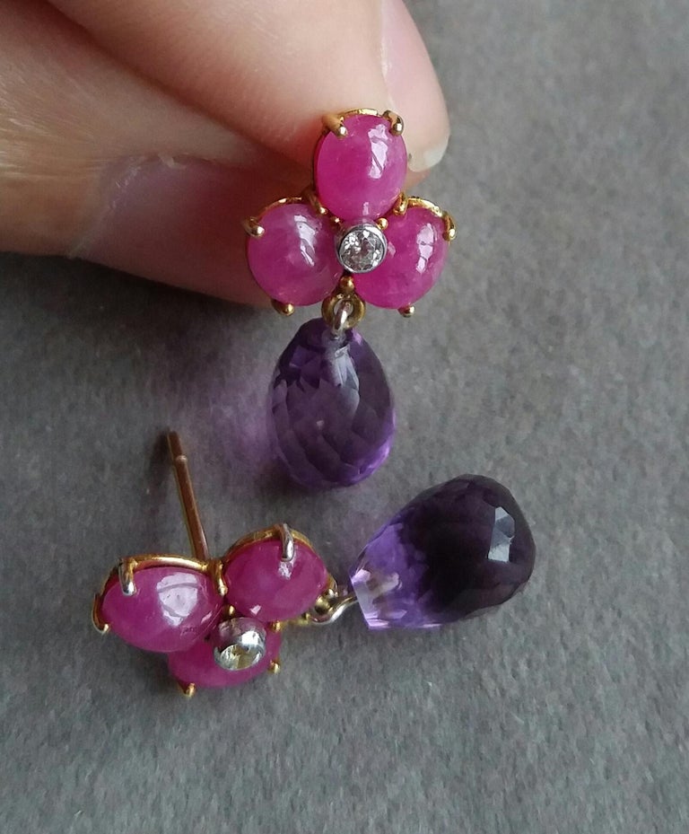 3 Ruby Oval Cabs Yellow Gold Diamonds Faceted Round Shape Amethyst Drop Earrings For Sale 3