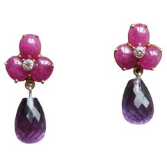 Vintage 3 Ruby Oval Cabs Yellow Gold Diamonds Faceted Round Shape Amethyst Drop Earrings