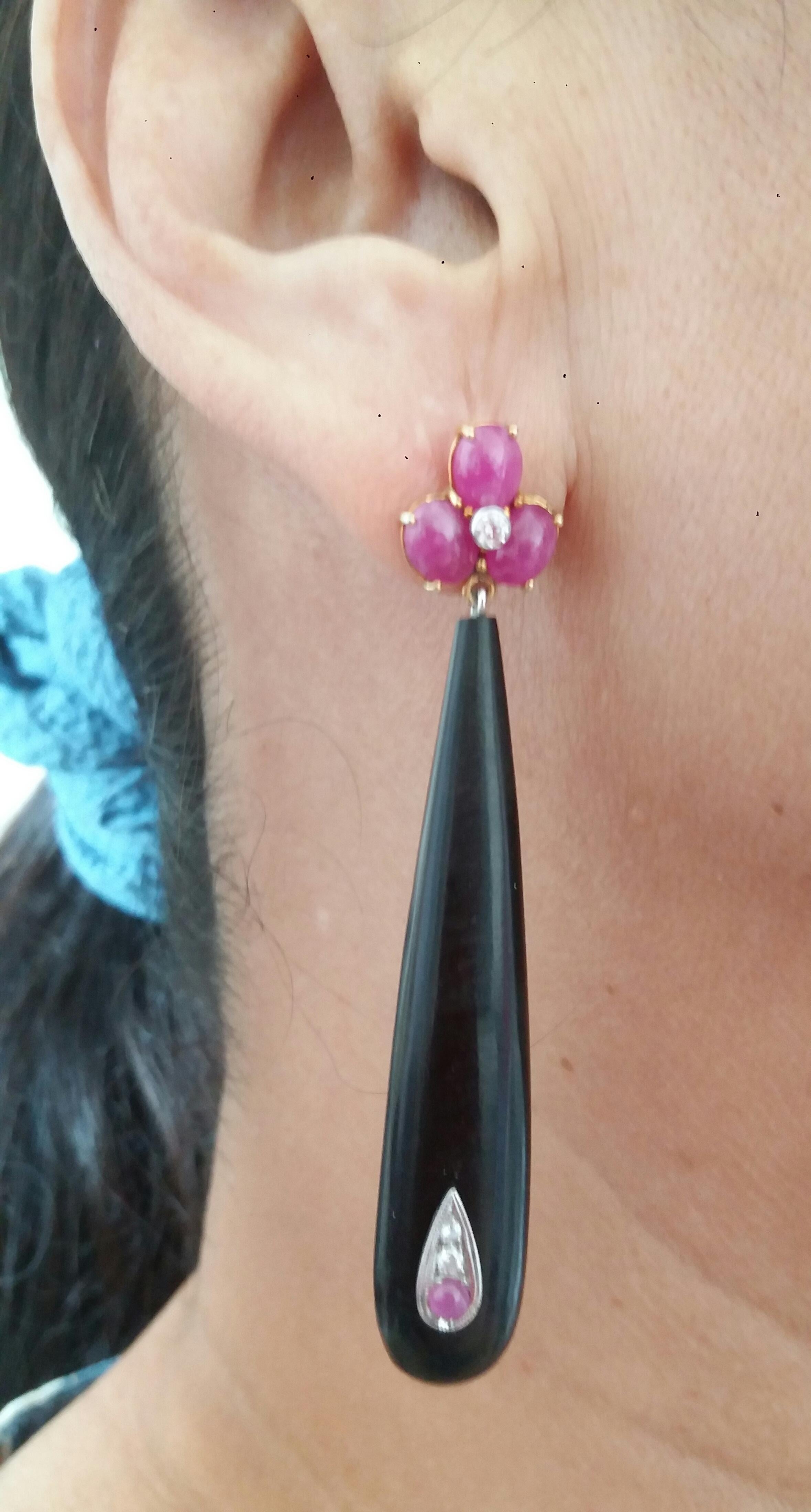 3 Ruby Oval Cabs Yellow Gold Diamonds Long Ebony Wood Round Drops Earrings For Sale 5