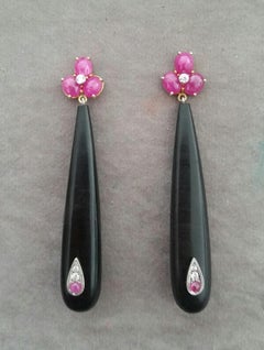 3 Ruby Oval Cabs Yellow Gold Diamonds Long Ebony Wood Round Drops Earrings