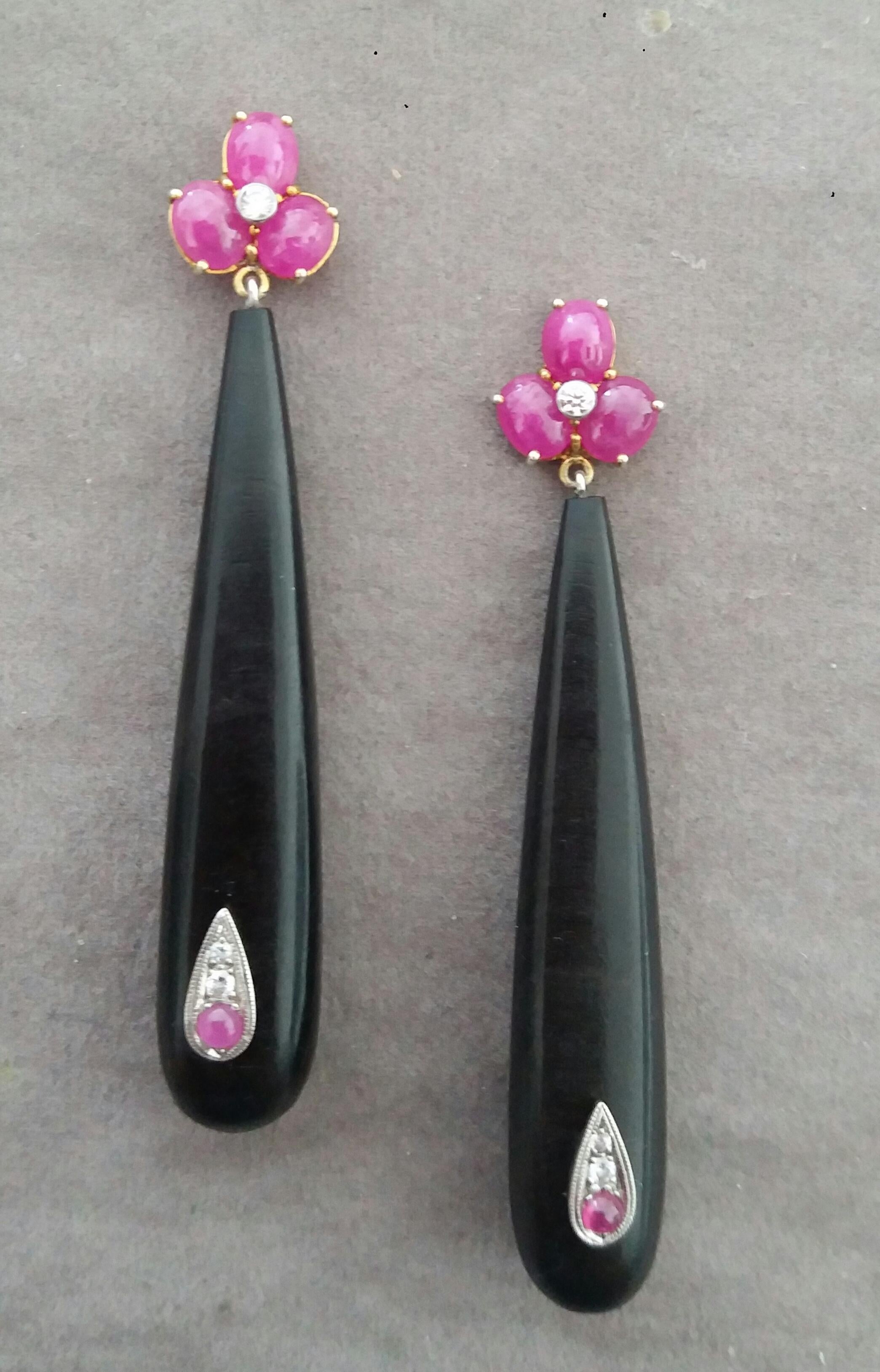 Art Deco 3 Ruby Oval Cabs Yellow Gold Diamonds Long Ebony Wood Round Drops Earrings For Sale