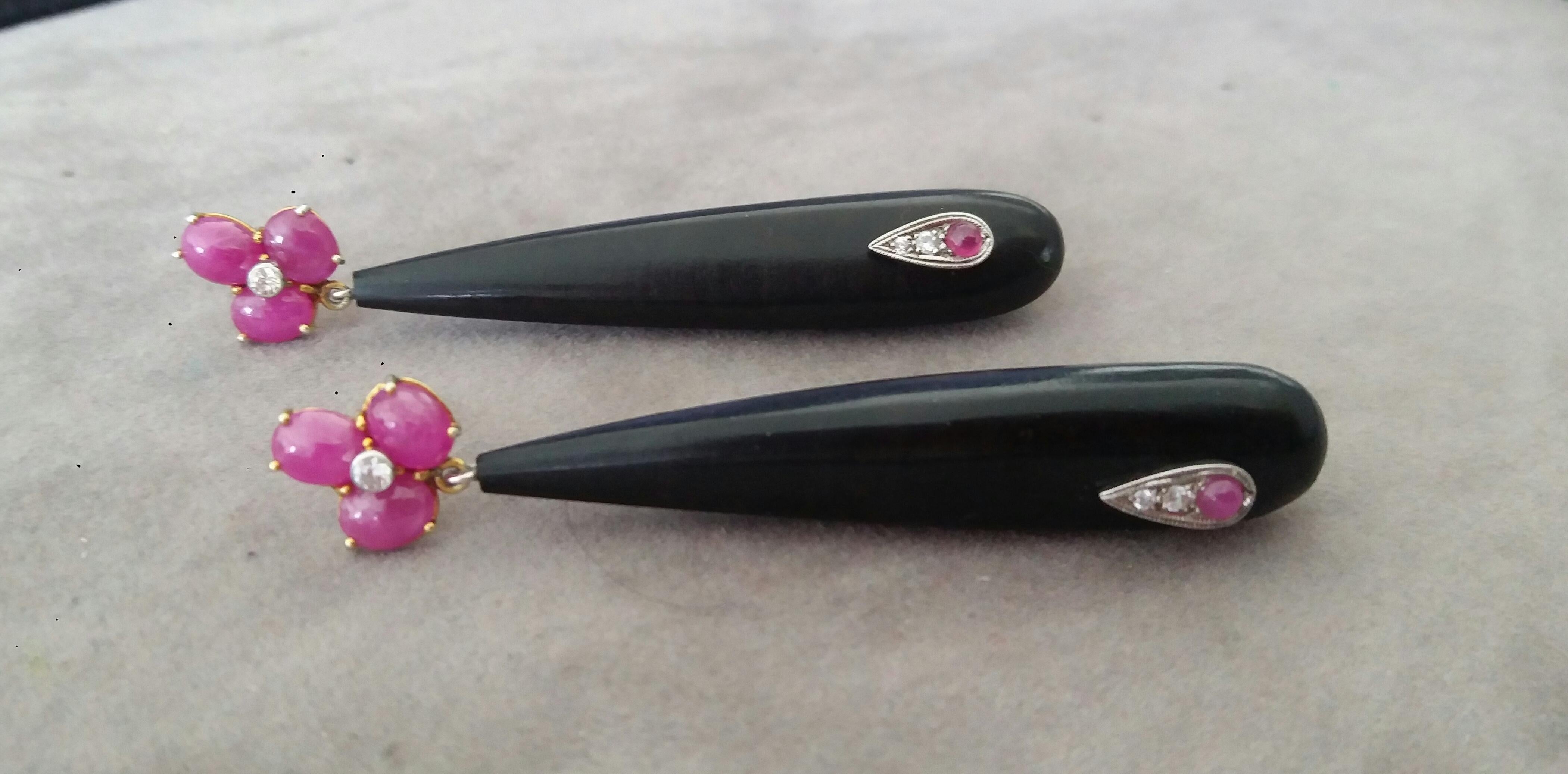 Mixed Cut 3 Ruby Oval Cabs Yellow Gold Diamonds Long Ebony Wood Round Drops Earrings For Sale