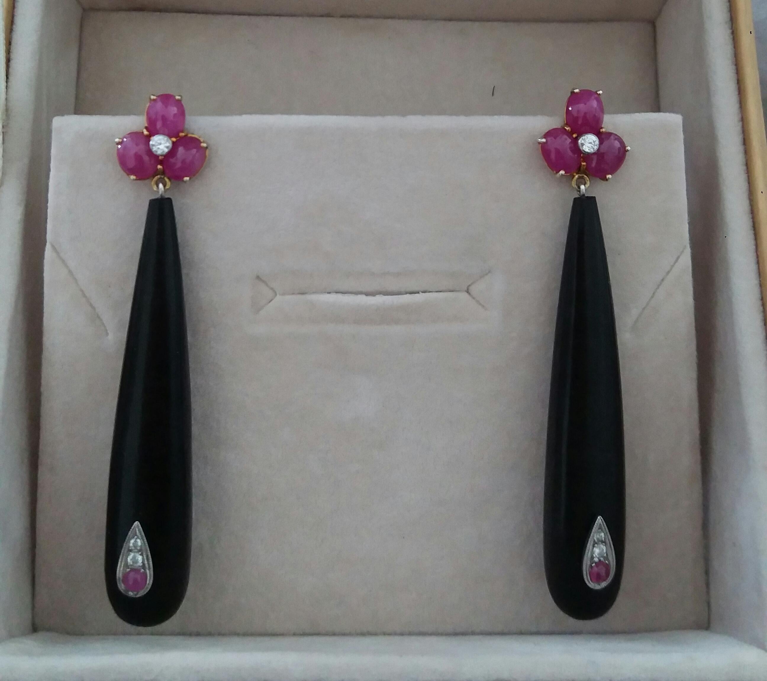 Women's 3 Ruby Oval Cabs Yellow Gold Diamonds Long Ebony Wood Round Drops Earrings For Sale
