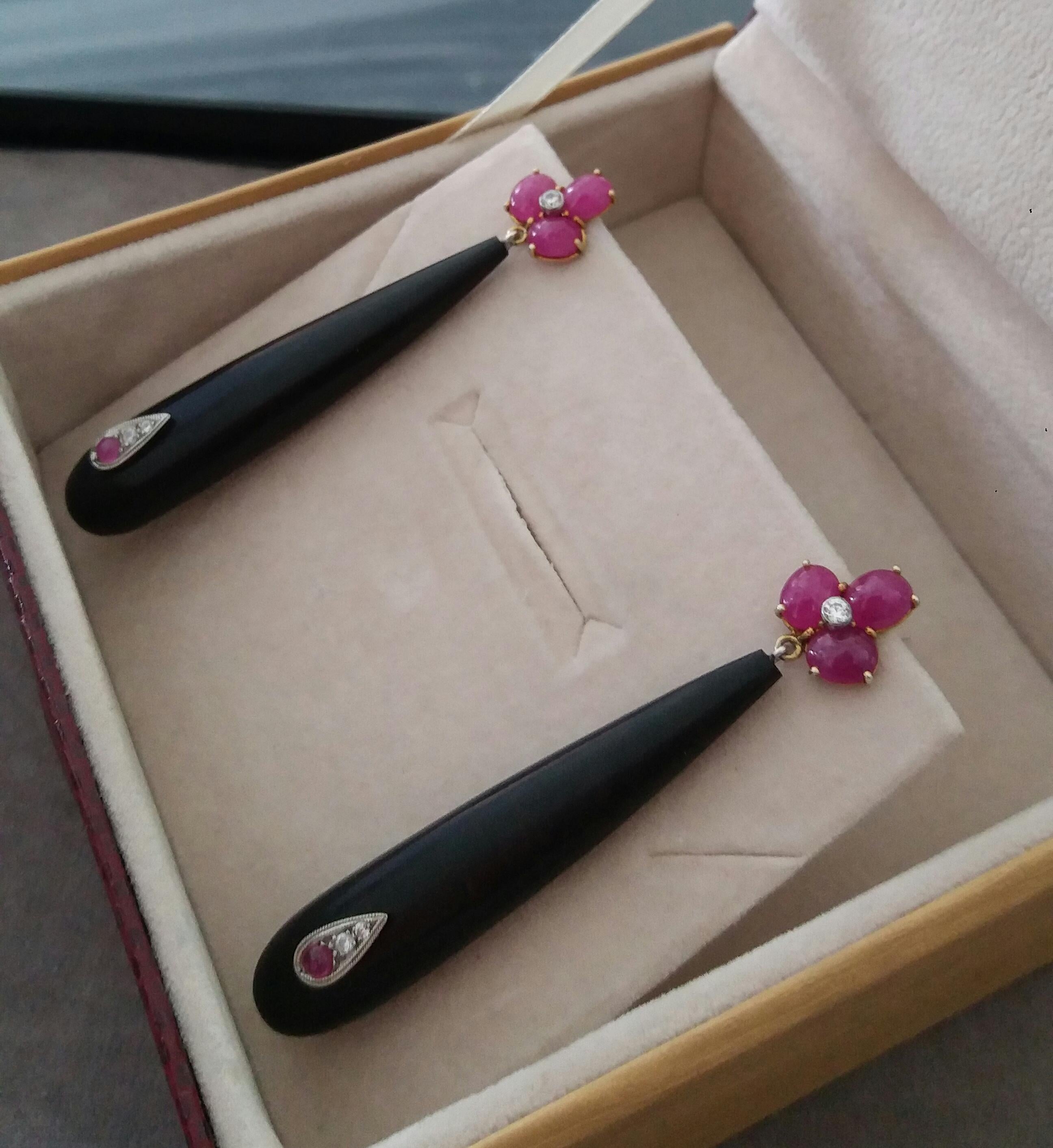 3 Ruby Oval Cabs Yellow Gold Diamonds Long Ebony Wood Round Drops Earrings For Sale 1