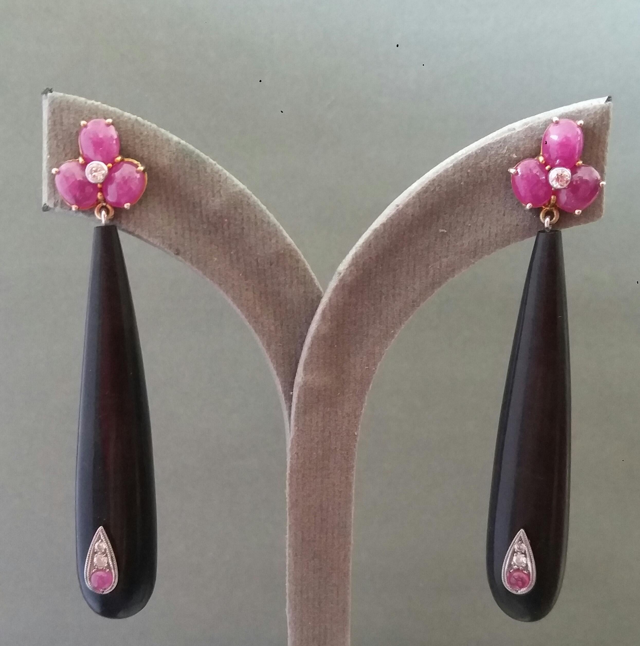 3 Ruby Oval Cabs Yellow Gold Diamonds Long Ebony Wood Round Drops Earrings For Sale 2