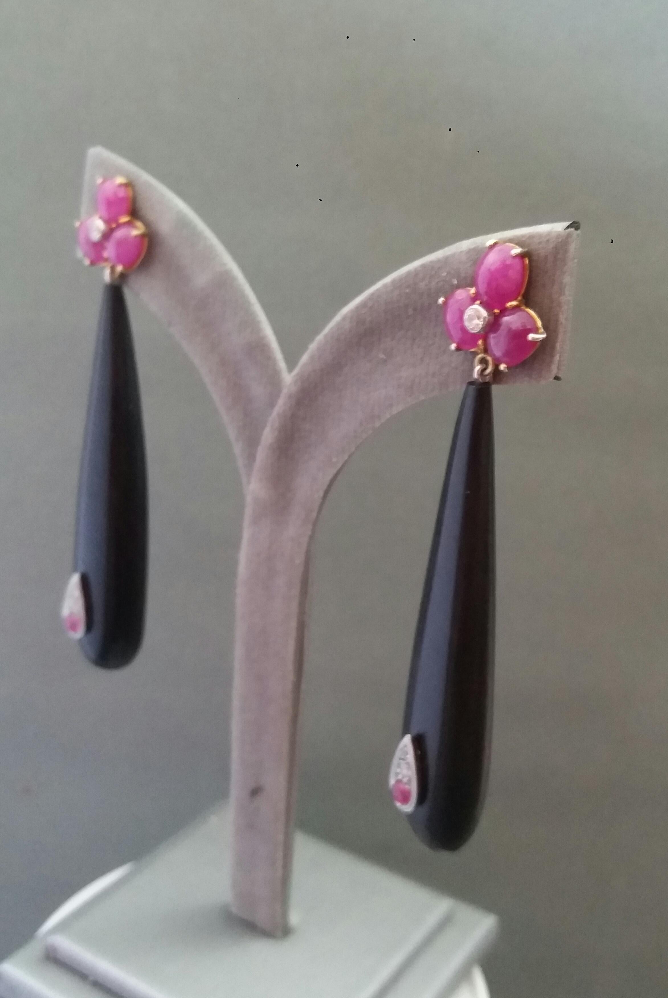 3 Ruby Oval Cabs Yellow Gold Diamonds Long Ebony Wood Round Drops Earrings For Sale 3