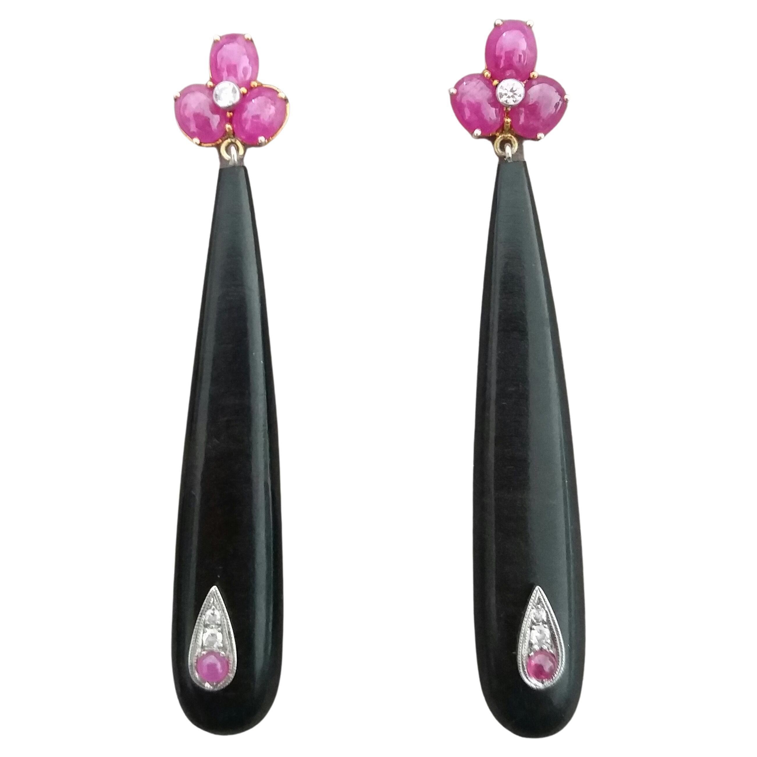 3 Ruby Oval Cabs Yellow Gold Diamonds Long Ebony Wood Round Drops Earrings For Sale