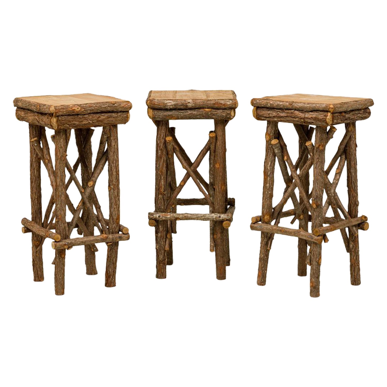 3 Rustic Adirondack Square Side Tables with Branch Bases