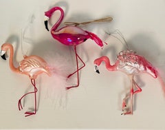 3 S Blown Glass Florida Pink Flamingos Holiday Figurines