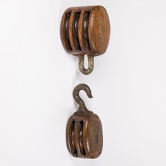 3 sailing ship's oak & iron pulley blocks