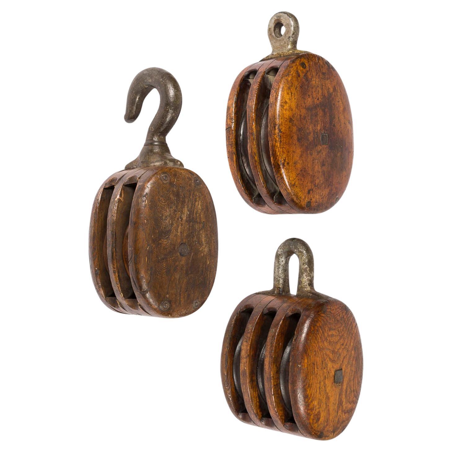 3 sailing ship's oak & iron pulley blocks For Sale