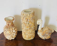 3 Sea Shell Encrusted Vase, Candlestick and Pelican Figurine