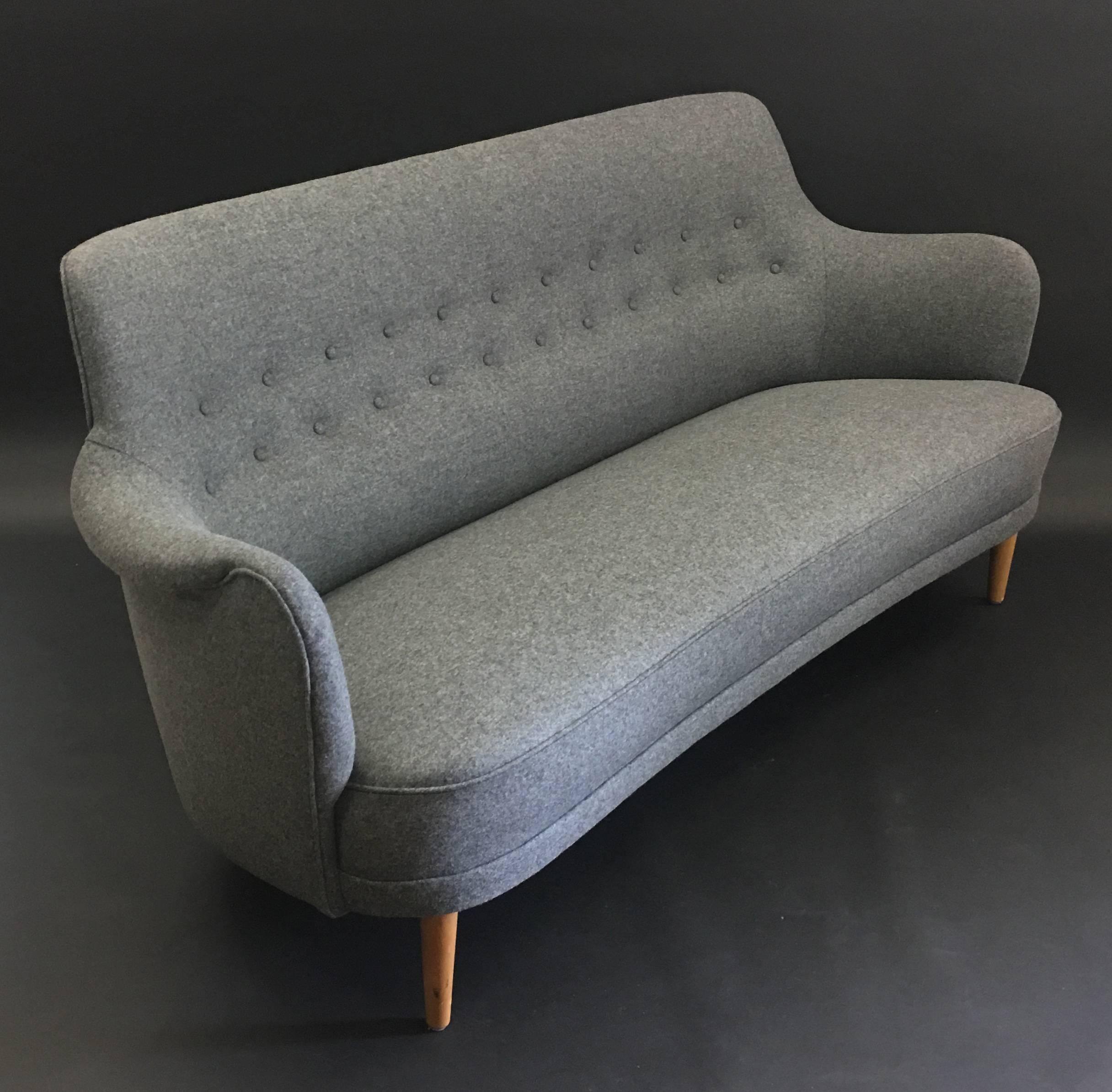 Scandinavian Modern Three-Seat Sofa by Carl Malmsten for OH Sjogren in Fresh New Grey Wool