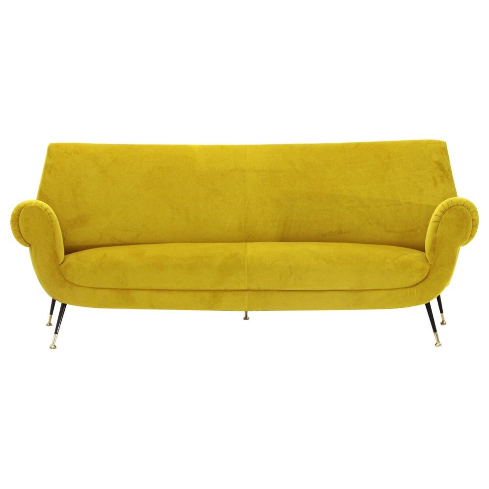 3-Seat Sofa in Yellow Ocher Velvet, 1960s For Sale