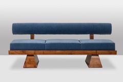 3-Seater Bench in Light Ash Wood and Blue Mohair Velvet, Contemporary