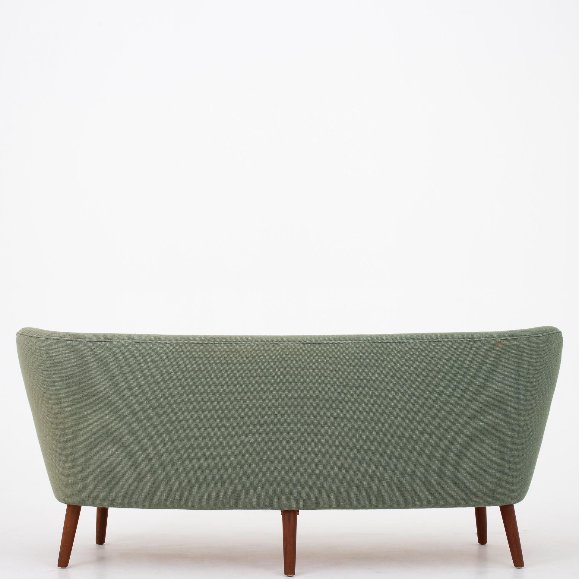 3-seat sofa with nails and teak legs and original, green Hallingdal 65-wool. Maker Slagelse møbelfabrik.