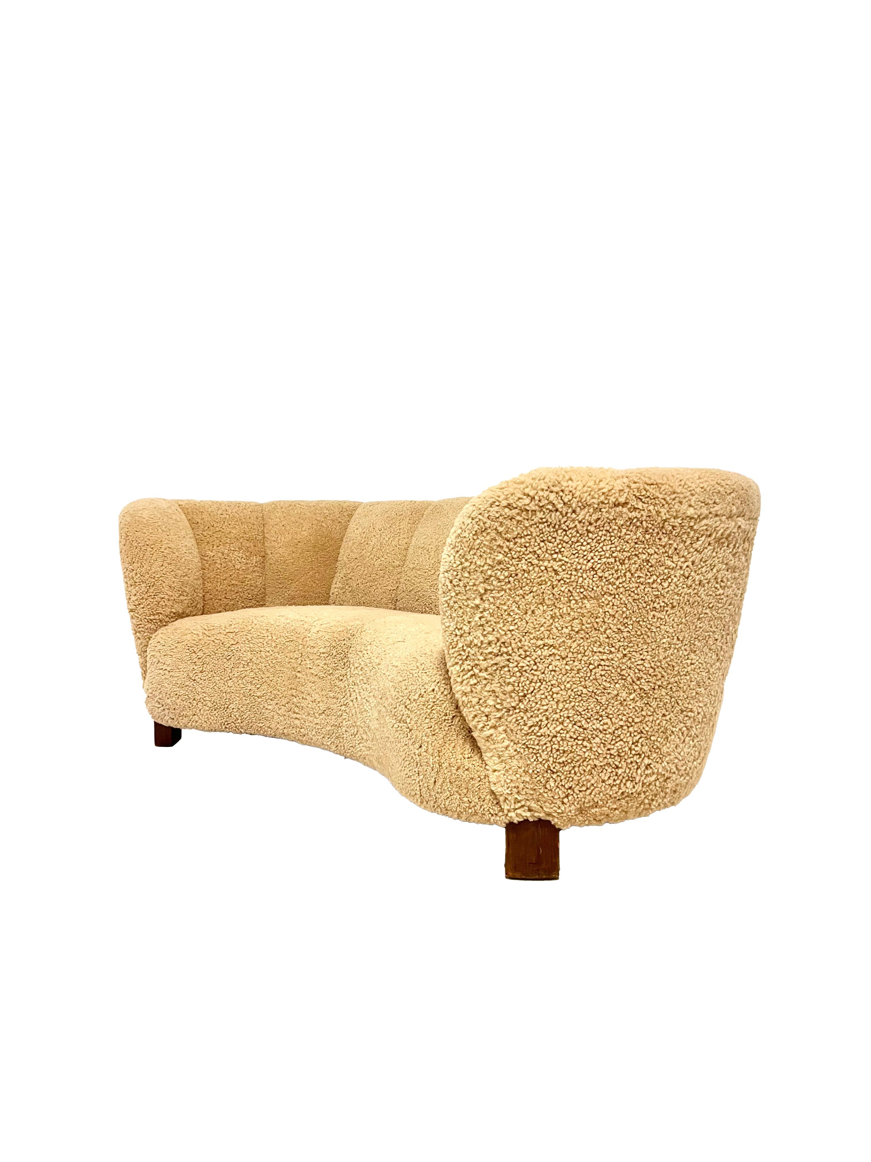 Danish 3 Seater Curved Sofa, Attributed to Fritz Hansen, Denmark C. 1930’s in Shearling