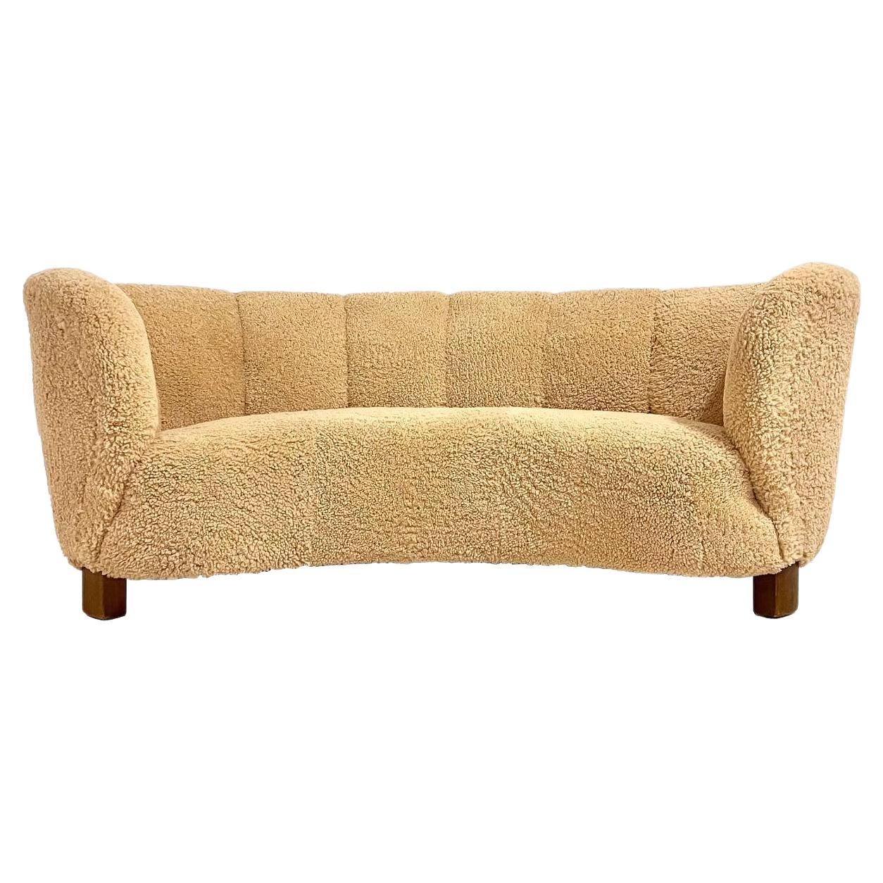 3 Seater Curved Sofa, Attributed to Fritz Hansen, Denmark C. 1930’s in Shearling