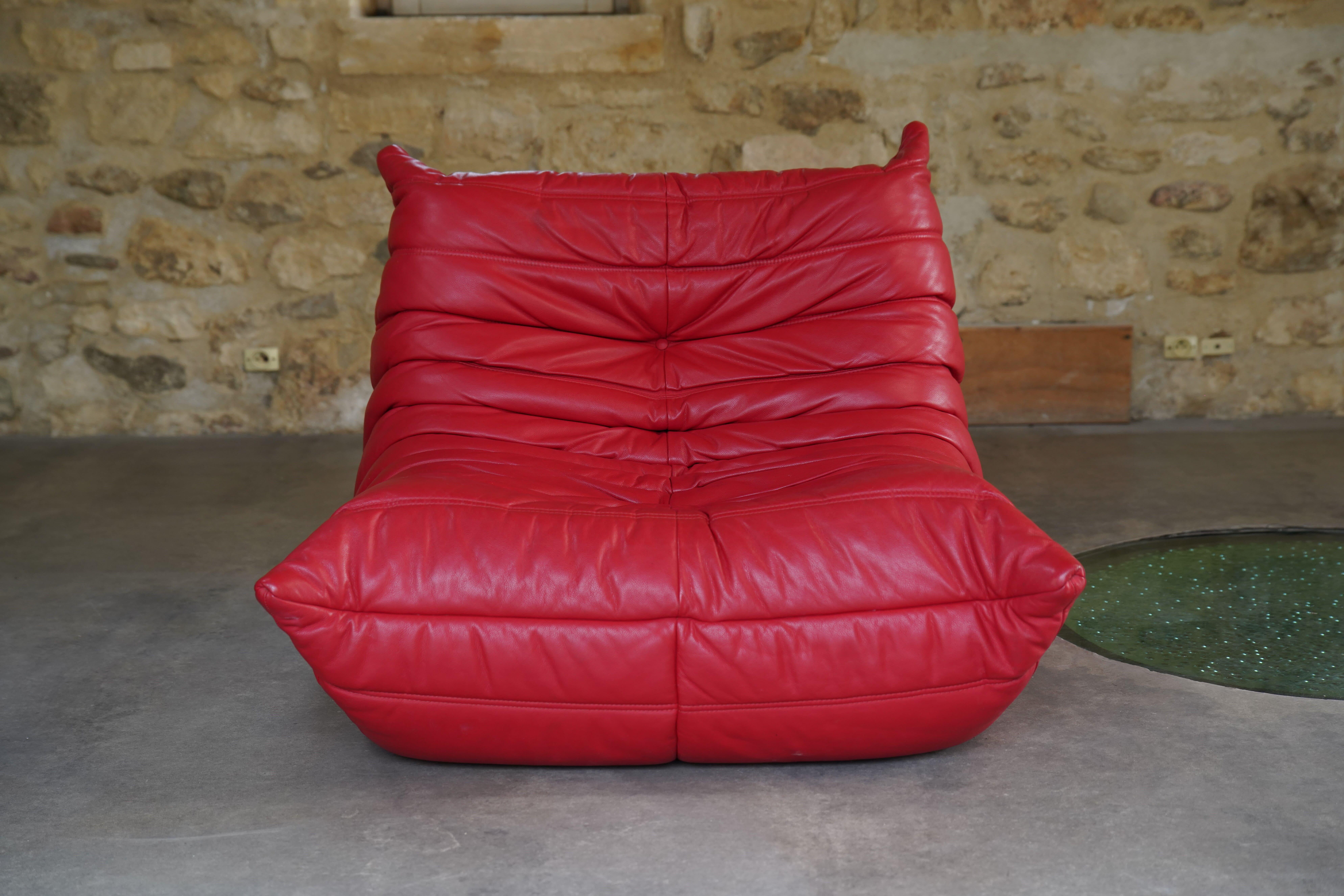 Red Leather Three-Seater Togo Sofa and Chair by Ligne Roset, 2007 6