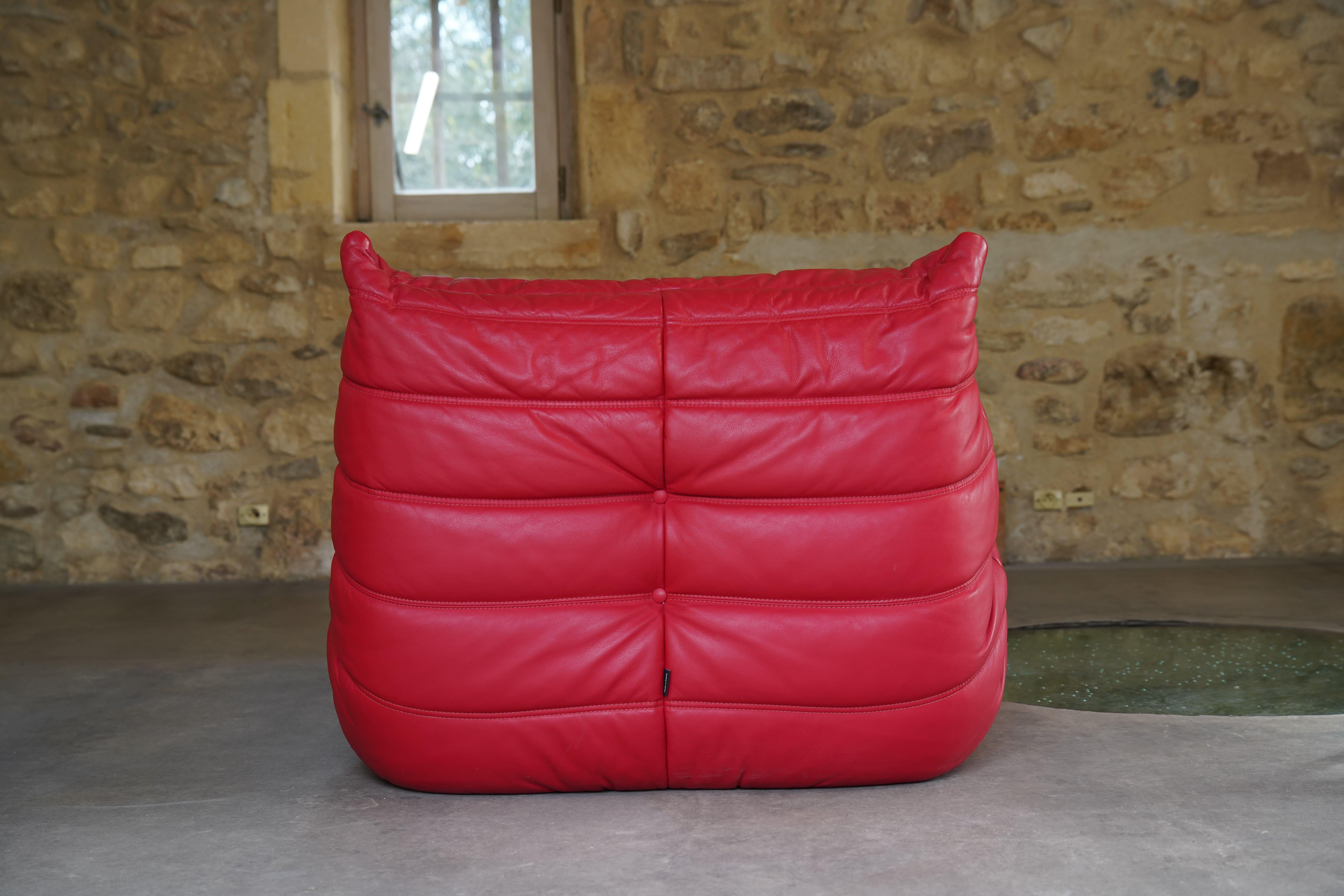 Red Leather Three-Seater Togo Sofa and Chair by Ligne Roset, 2007 8