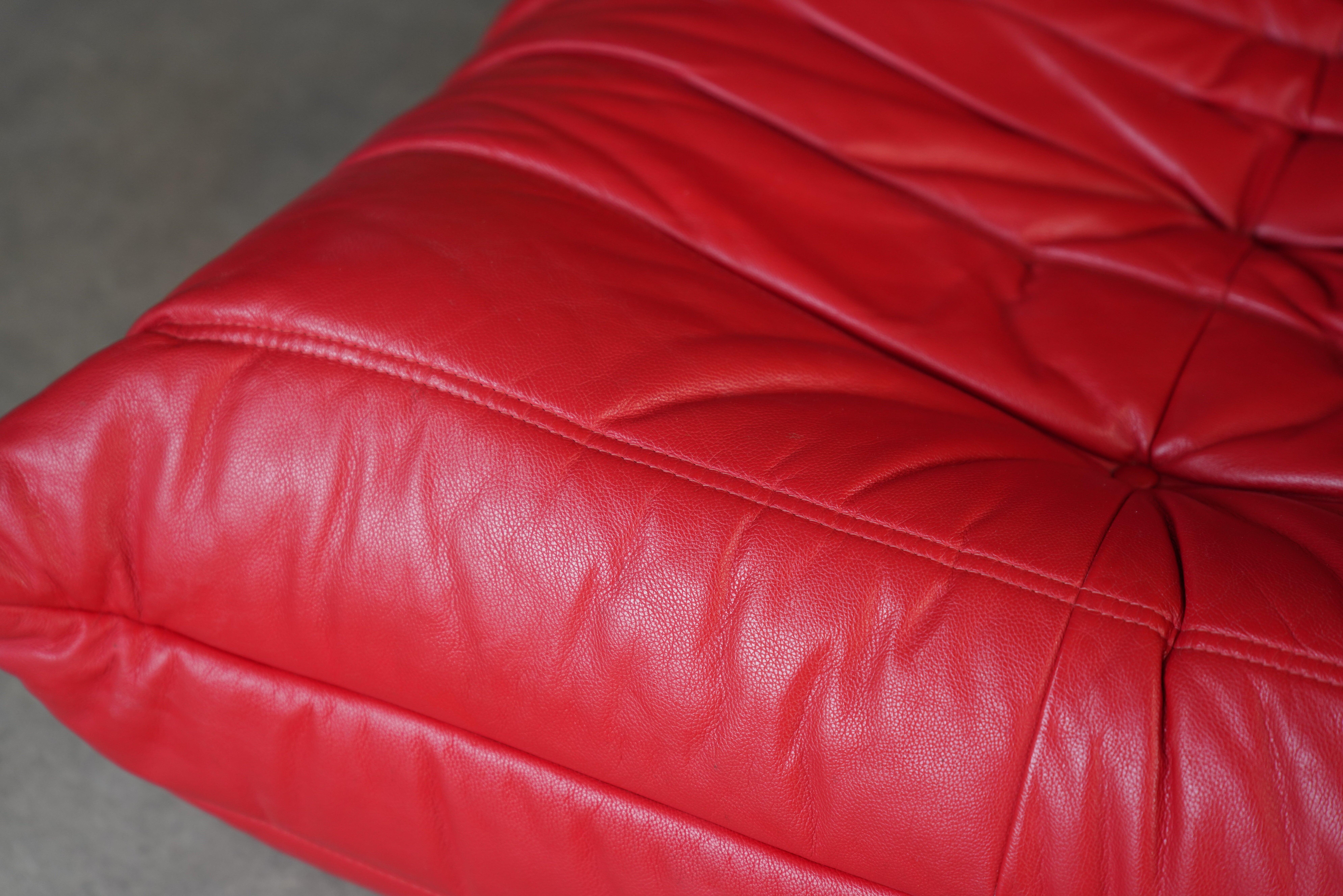Red Leather Three-Seater Togo Sofa and Chair by Ligne Roset, 2007 13