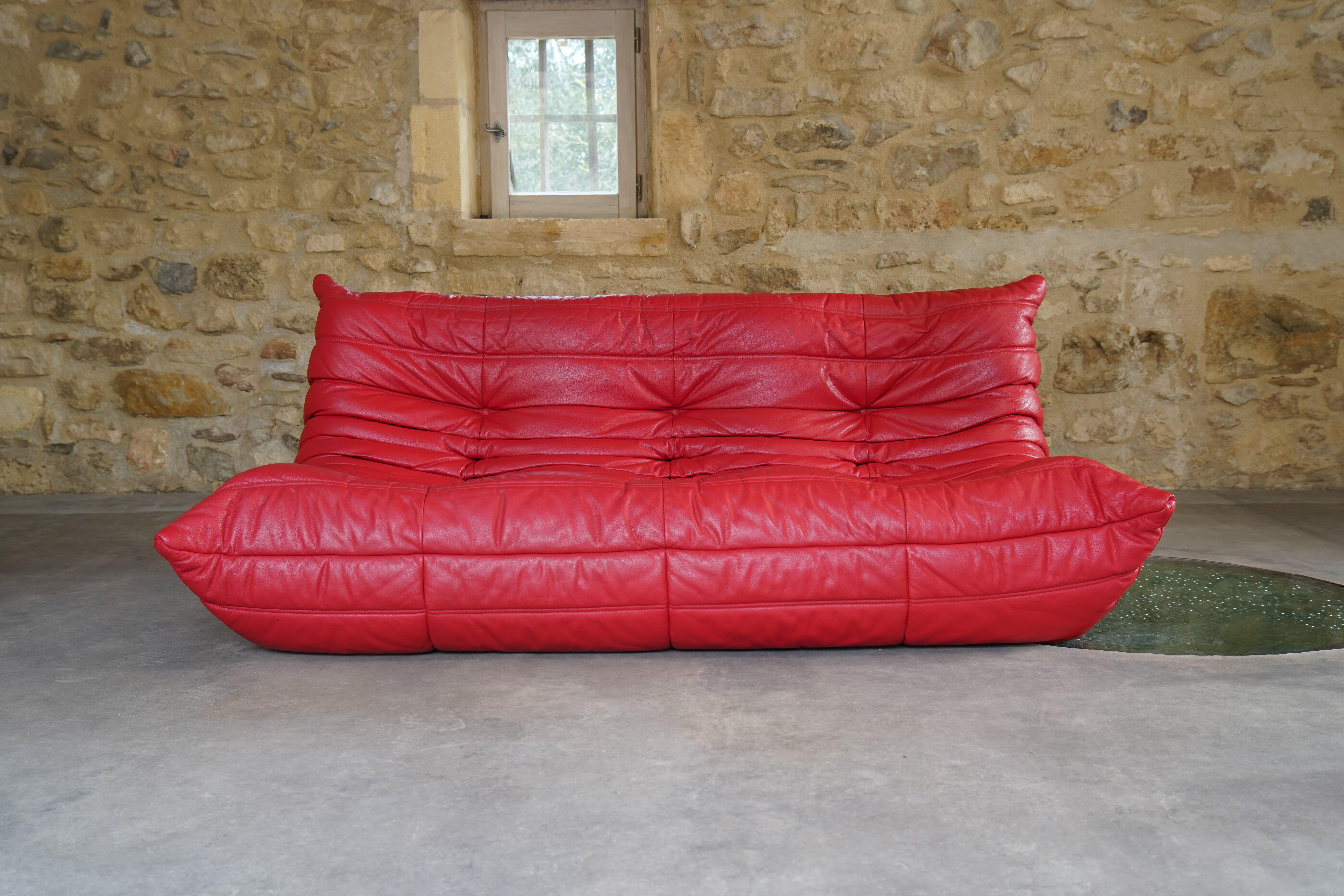 Mid-Century Modern Red Leather Three-Seater Togo Sofa and Chair by Ligne Roset, 2007