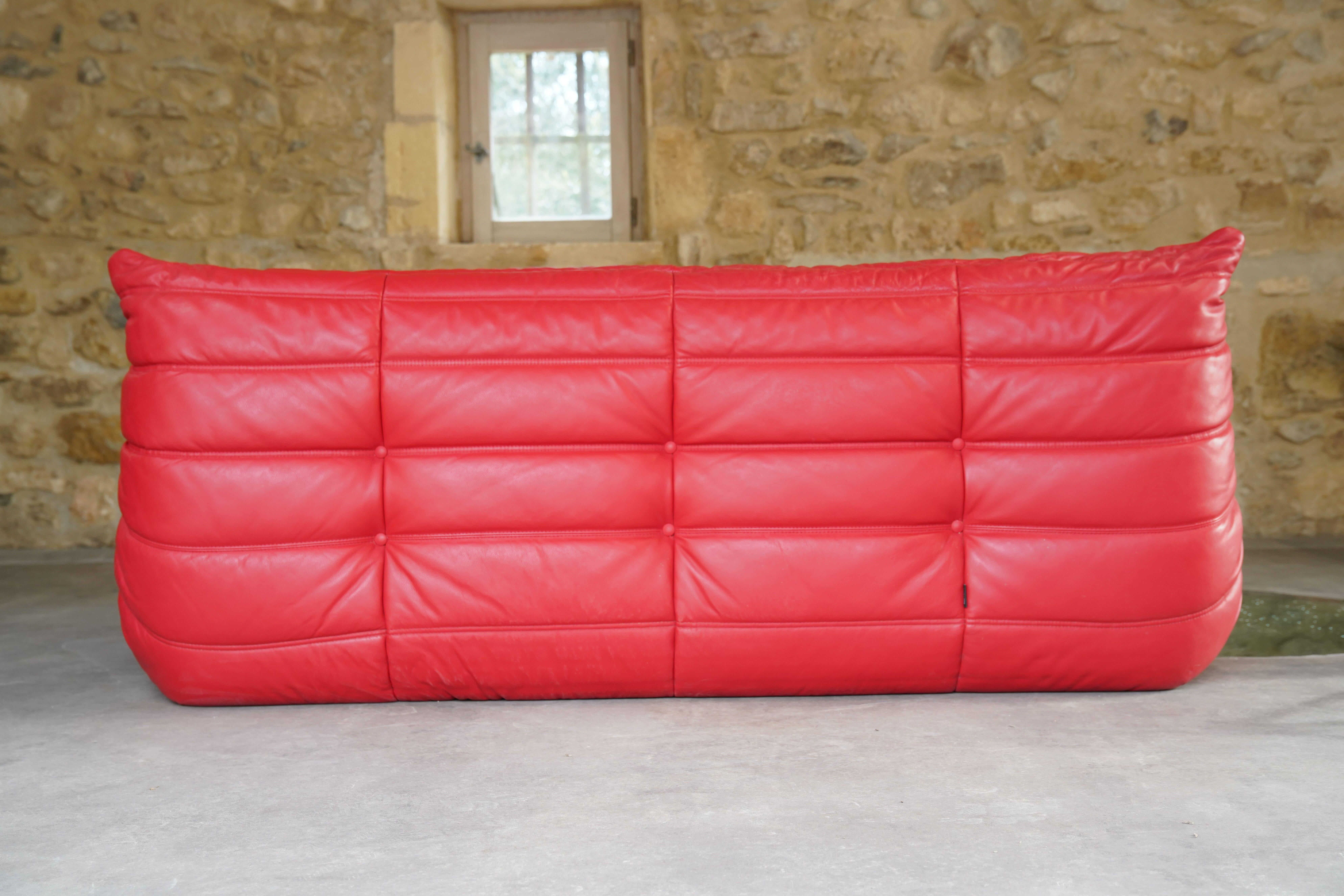 Red Leather Three-Seater Togo Sofa and Chair by Ligne Roset, 2007 In Good Condition In Malibu, US