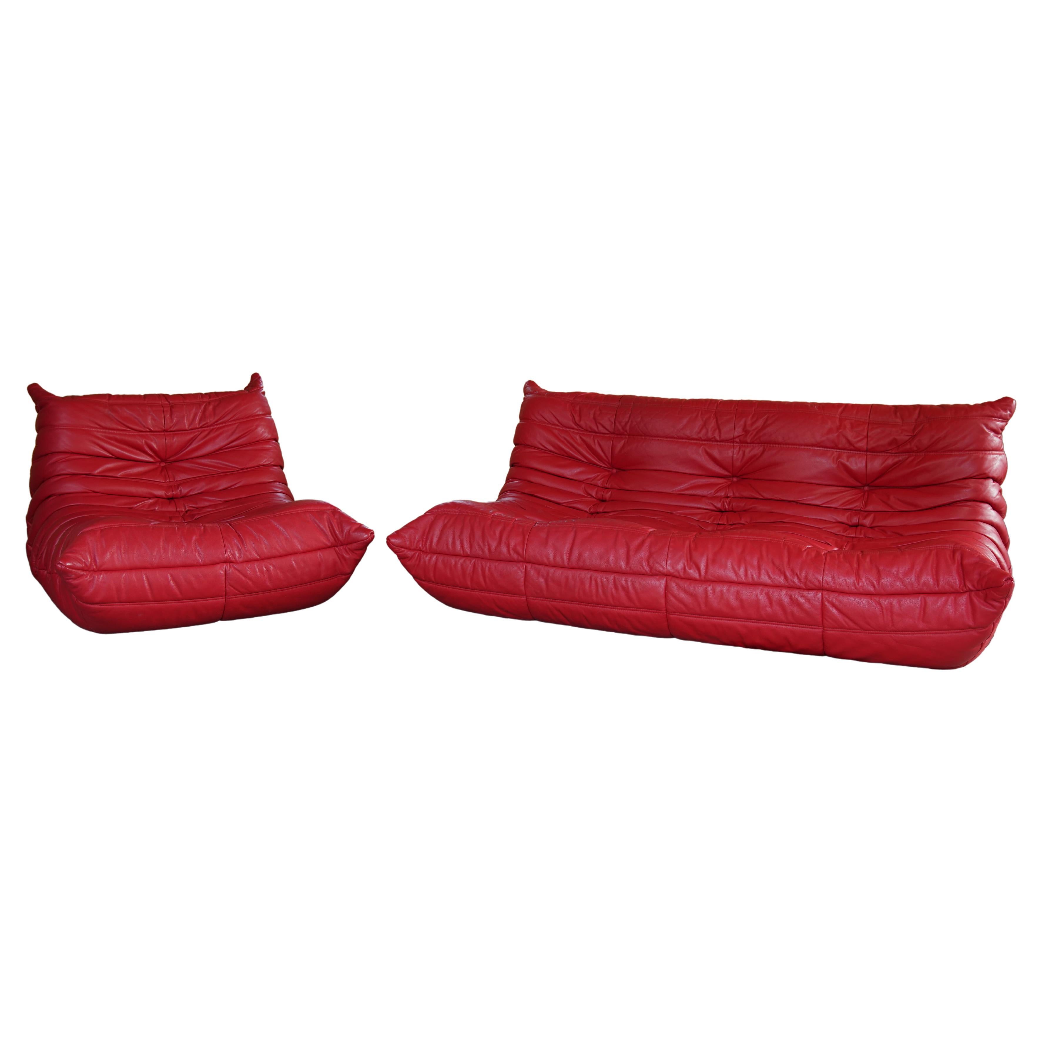 Red Leather Three-Seater Togo Sofa and Chair by Ligne Roset, 2007
