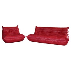 Red Leather Three-Seater Togo Sofa and Chair by Ligne Roset, 2007