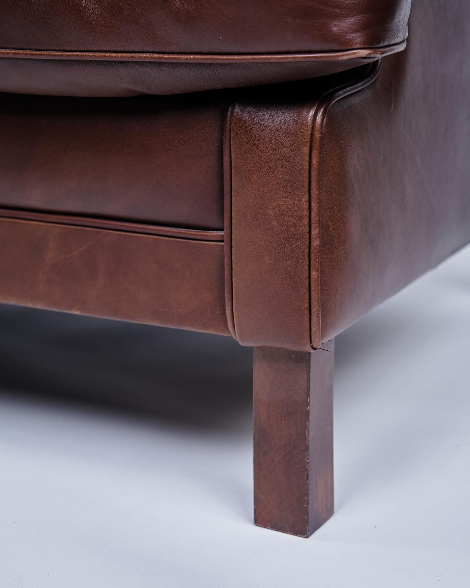 Danese Divano a 3 posti in pelle marrone, design danese degli anni '70 in vendita