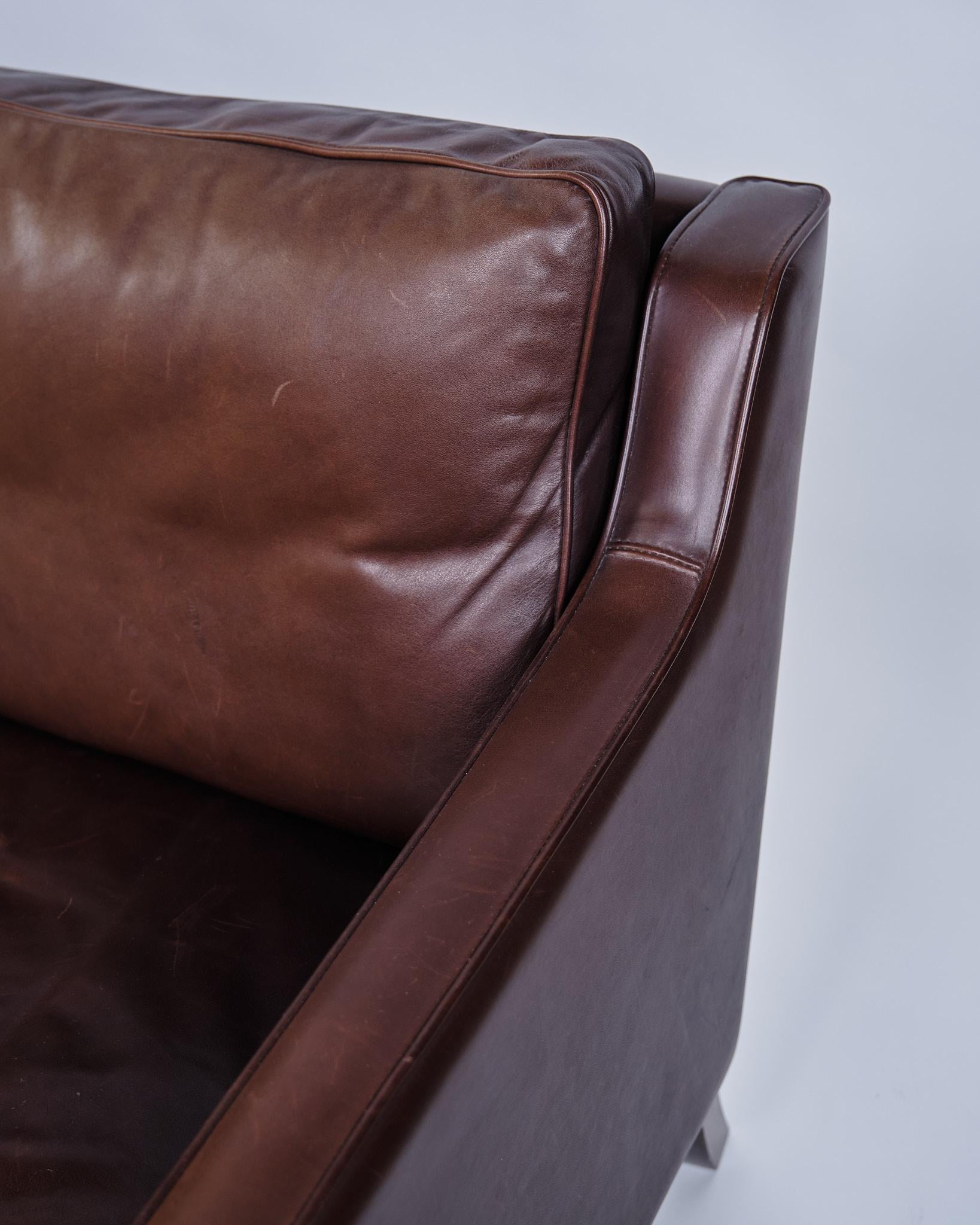 Pelle Divano a 3 posti in pelle marrone, design danese degli anni '70 in vendita