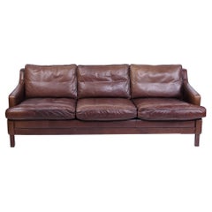 Divano a 3 posti in pelle marrone, design danese degli anni '70