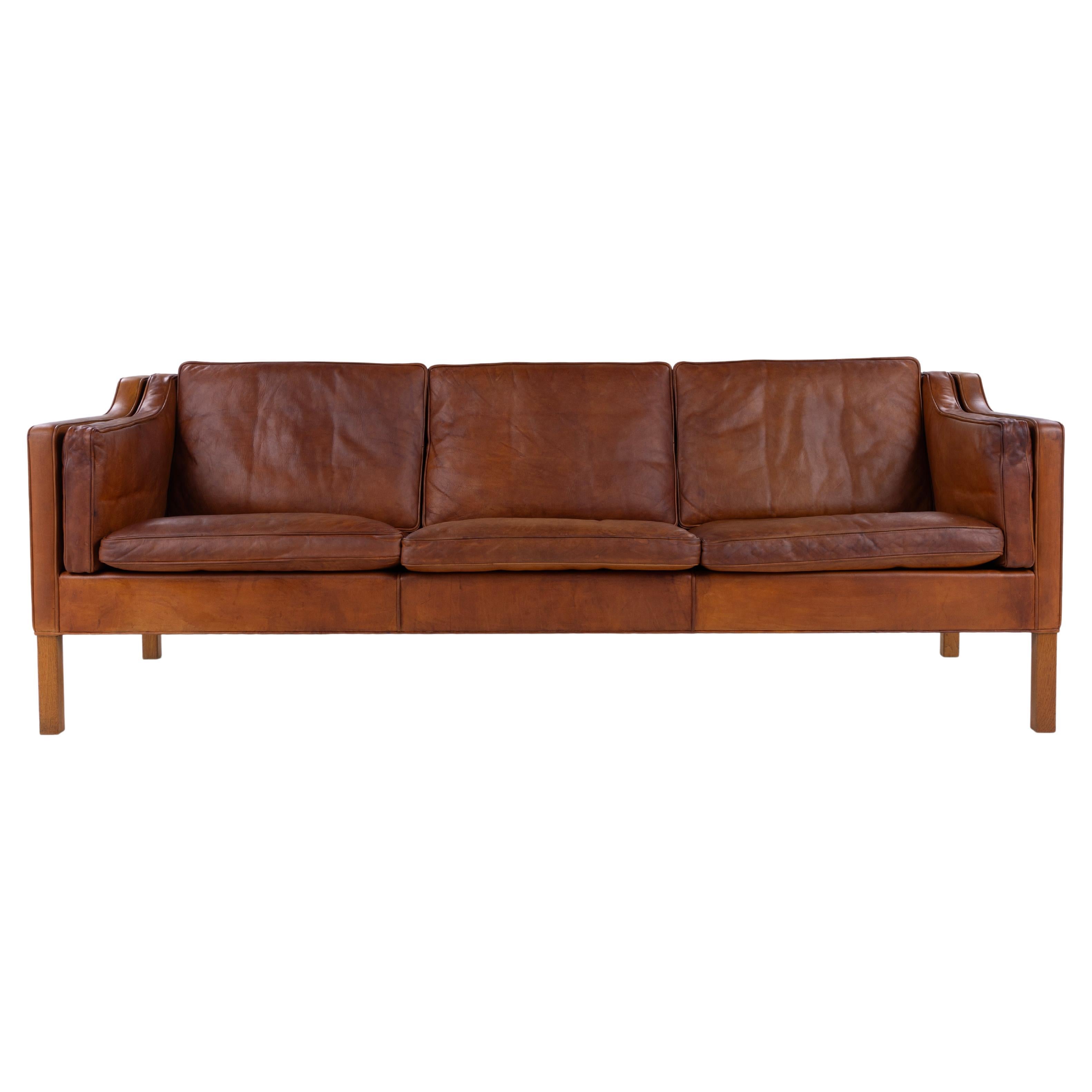 3-seater sofa in patinated natural leather by Børge Mogensen