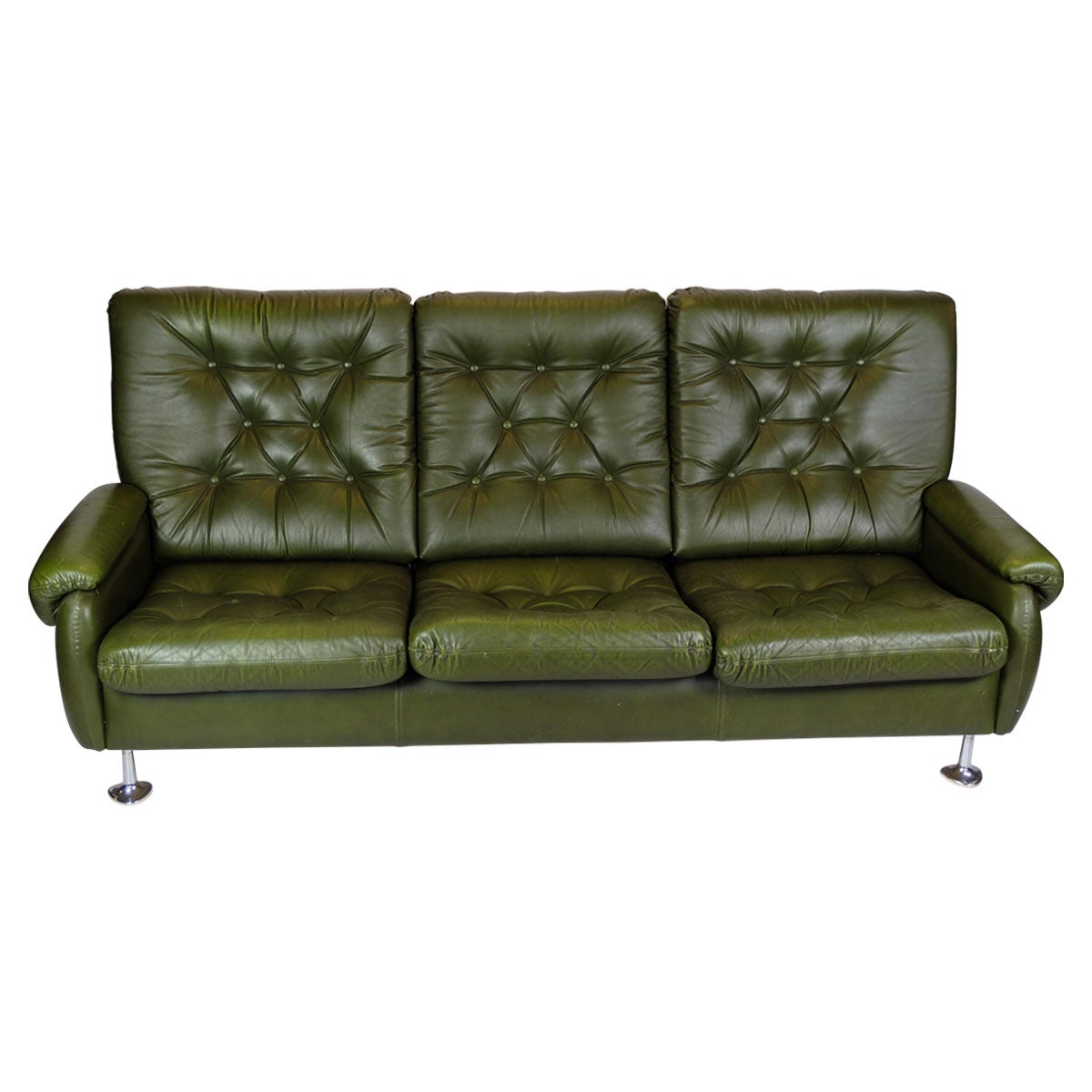 3-Sitzer Sofa aus dunkelgrünem Leder mit Chrombeinen aus den 1970er Jahren