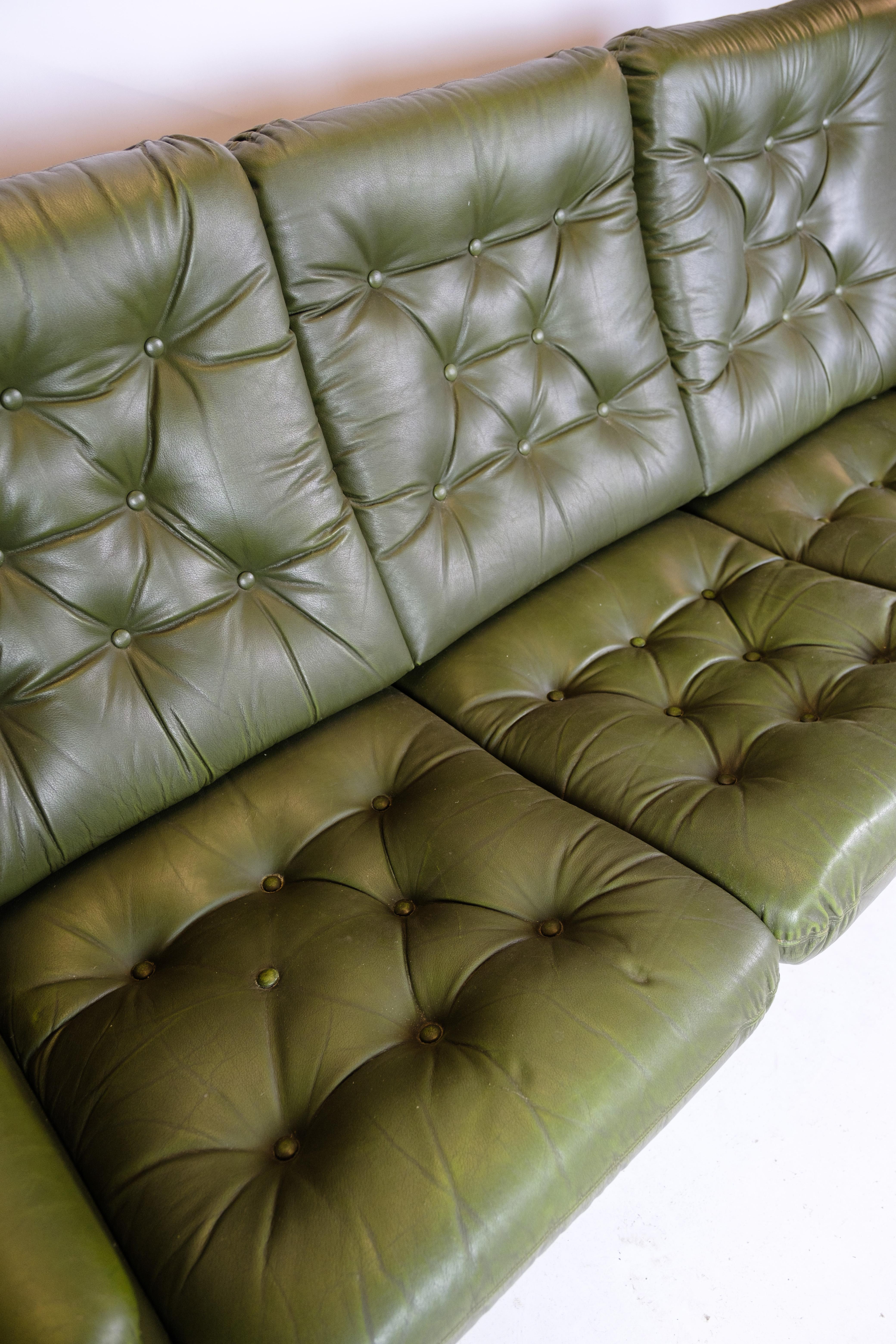Danish 3-Seater Sofa of Dark Green Leather with Chrome Legs from the 1970 For Sale