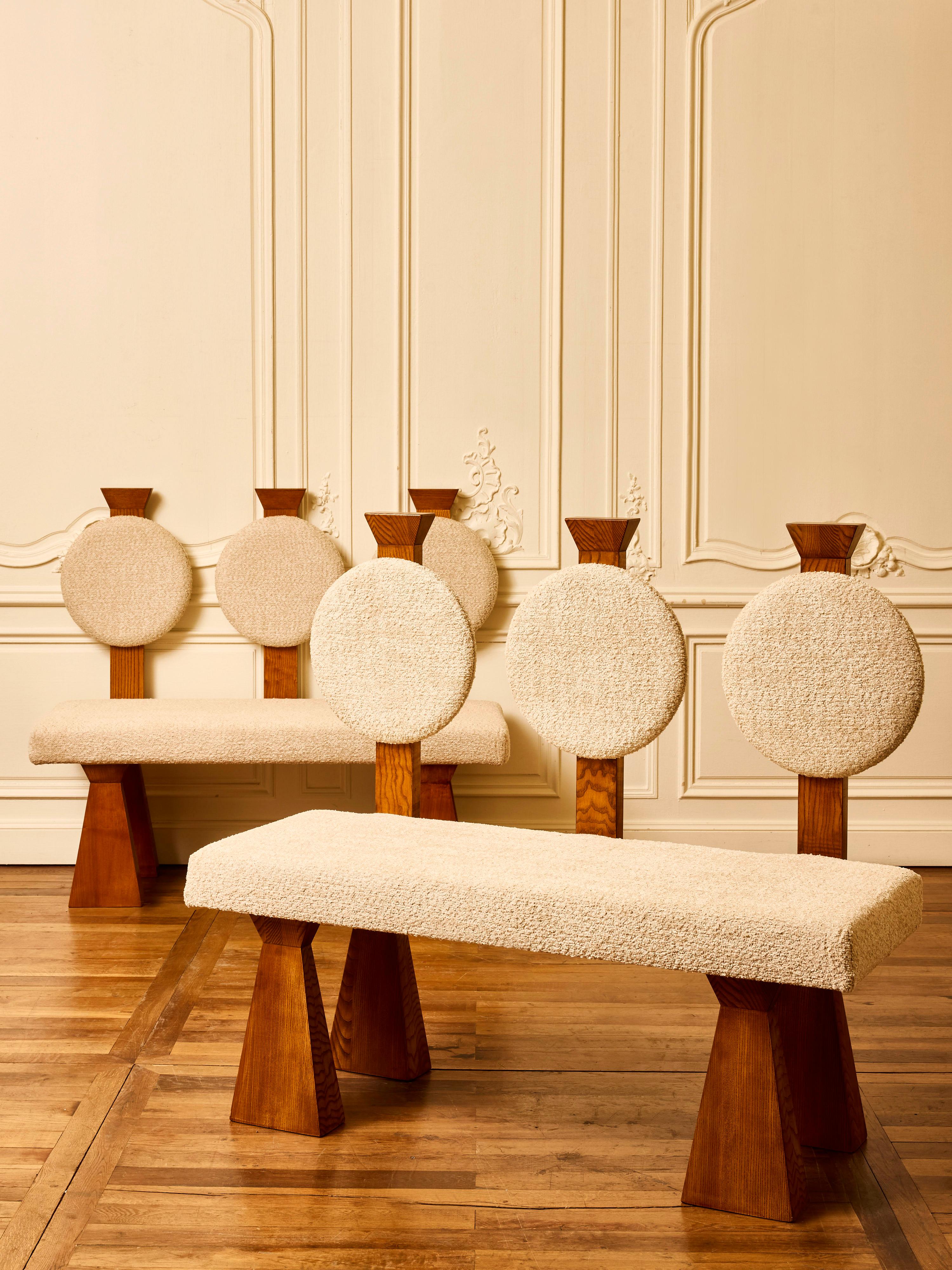 Pair of 3 seats benches with cushions upholstered with a bouclette fabric by Studio Glustin.
France, 2025