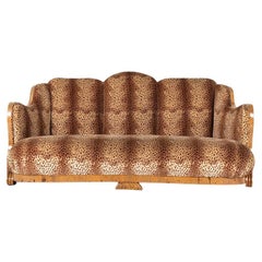 3 Seats Art Deco Sofa Walnut and Ocelot Pierre Frey Velvet Fabric, 1930