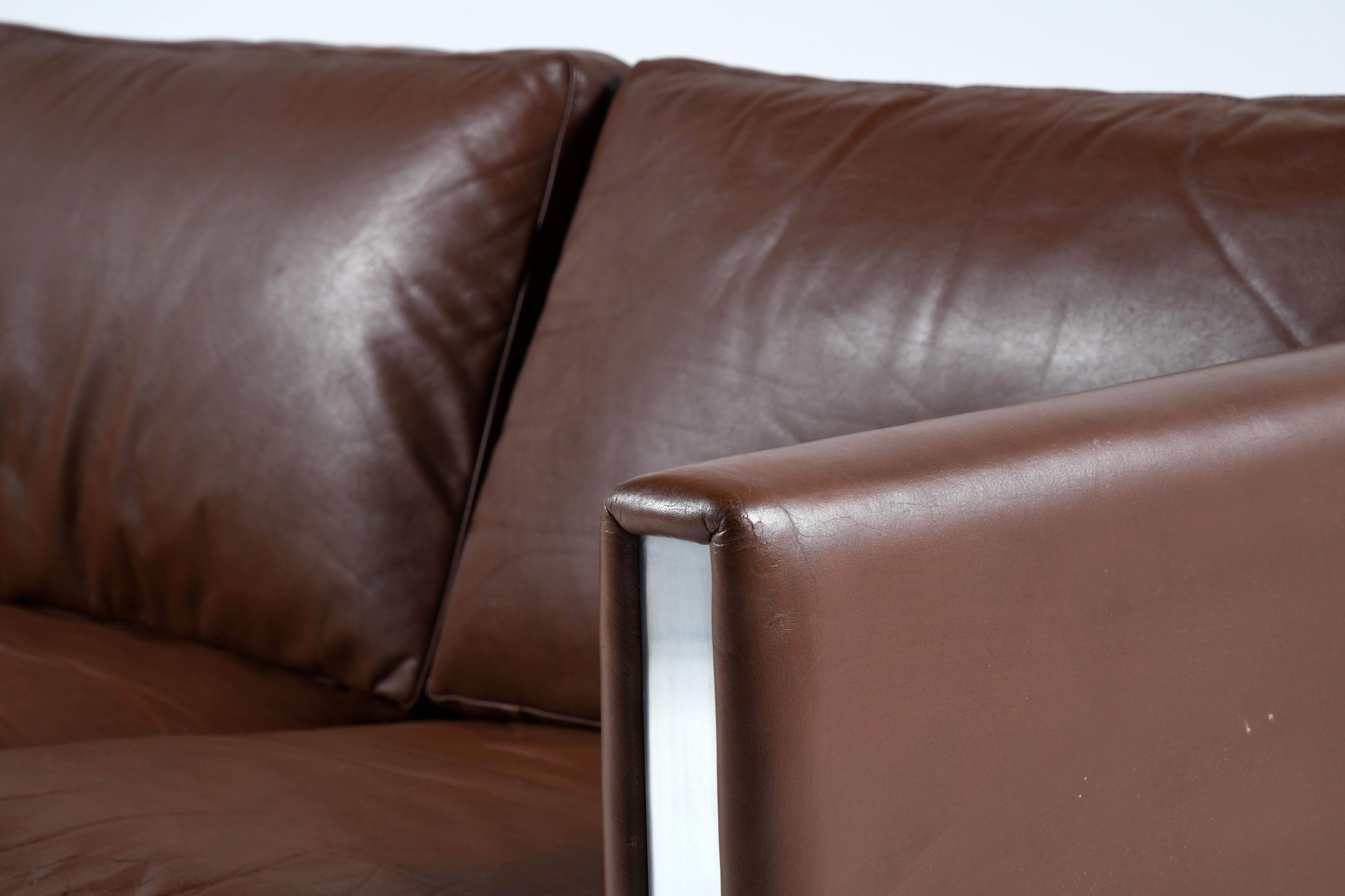 3 seats sofa brown leather JH 803 design by Hans Wegner for Johannes Hansen 70s 3