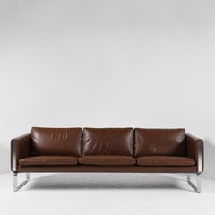 3 seats sofa brown leather JH 803 design by Hans Wegner for Johannes Hansen 70s