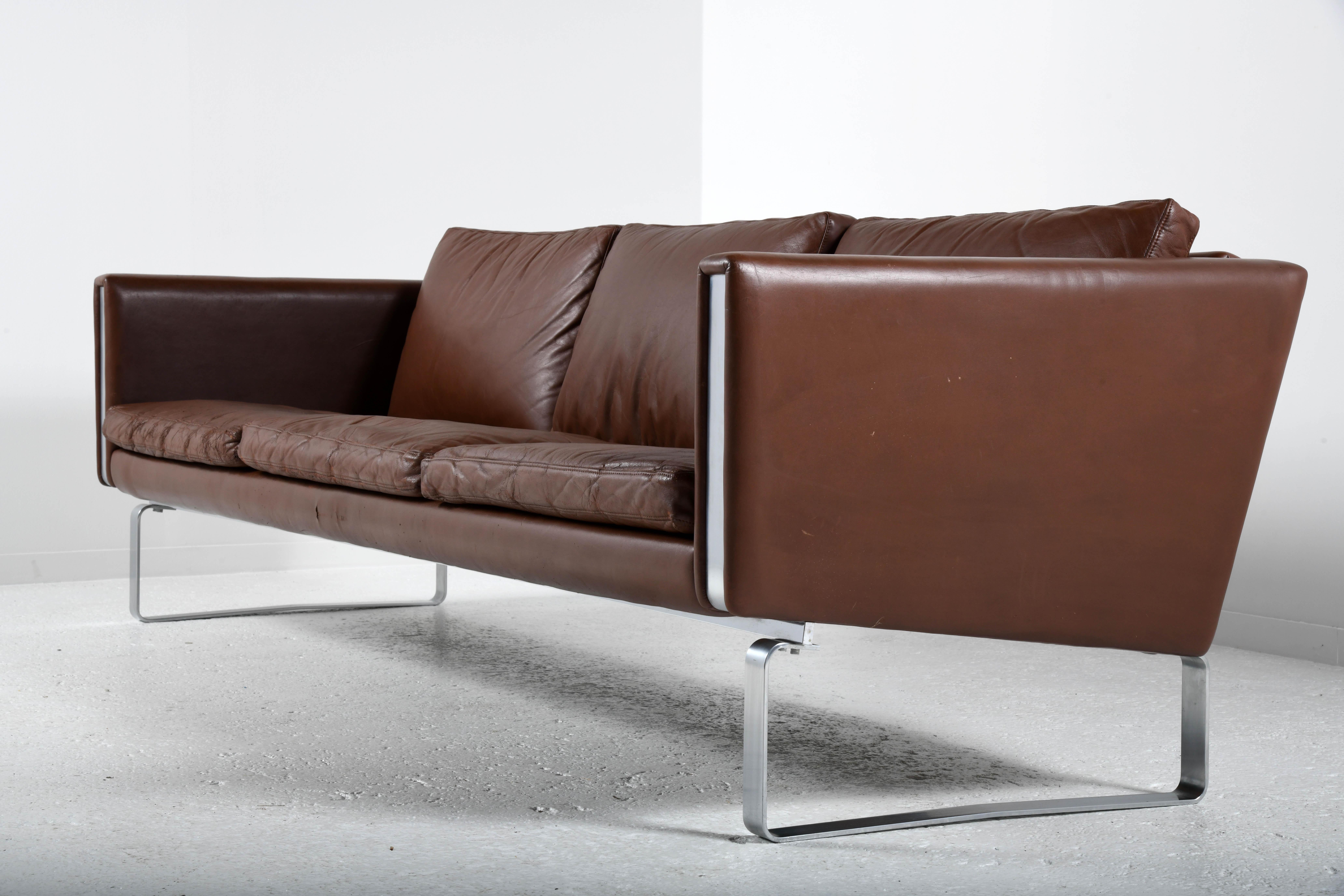 Danish 3 seats sofa brown leather JH 803 design by Hans Wegner for Johannes Hansen 70s