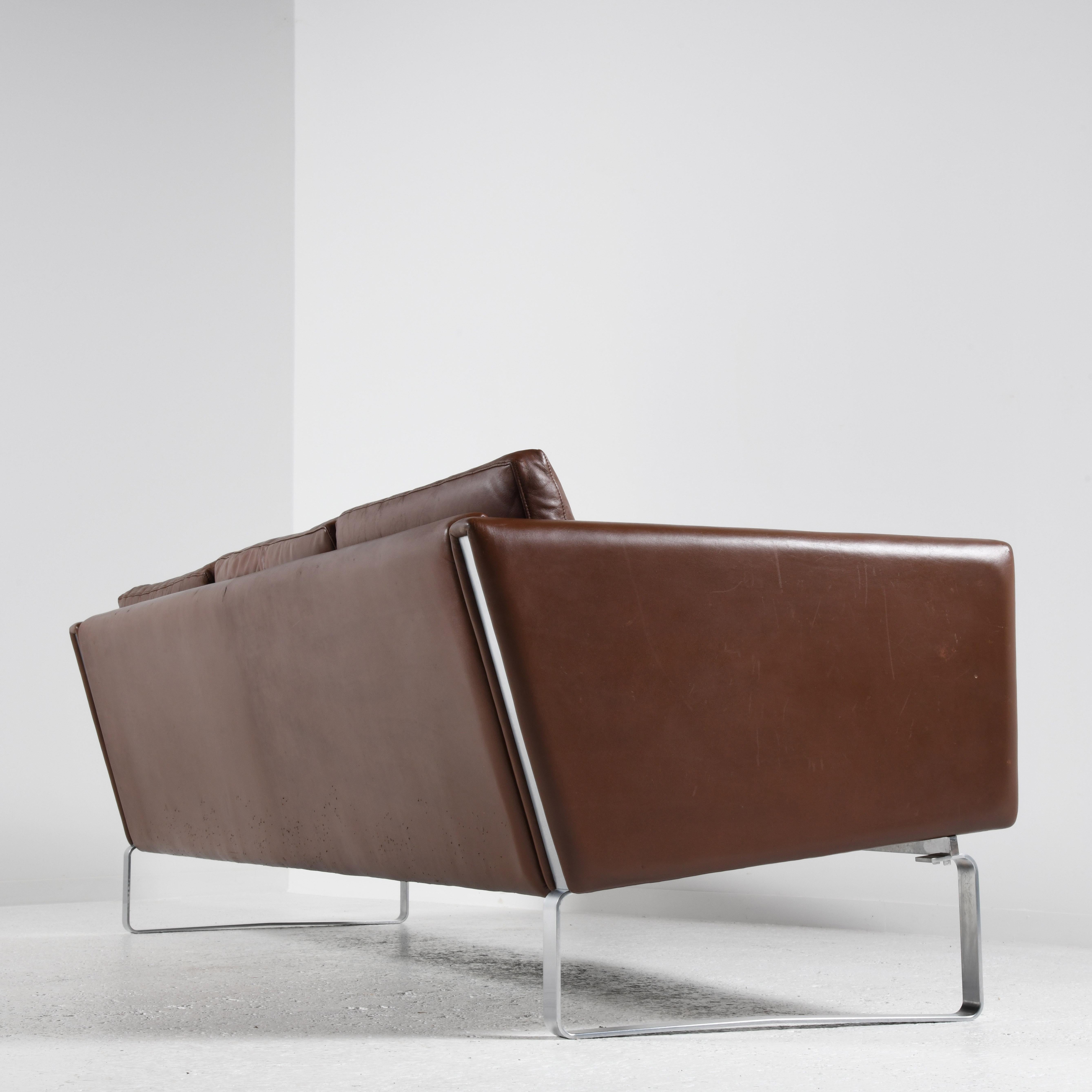Stainless Steel 3 seats sofa brown leather JH 803 design by Hans Wegner for Johannes Hansen 70s