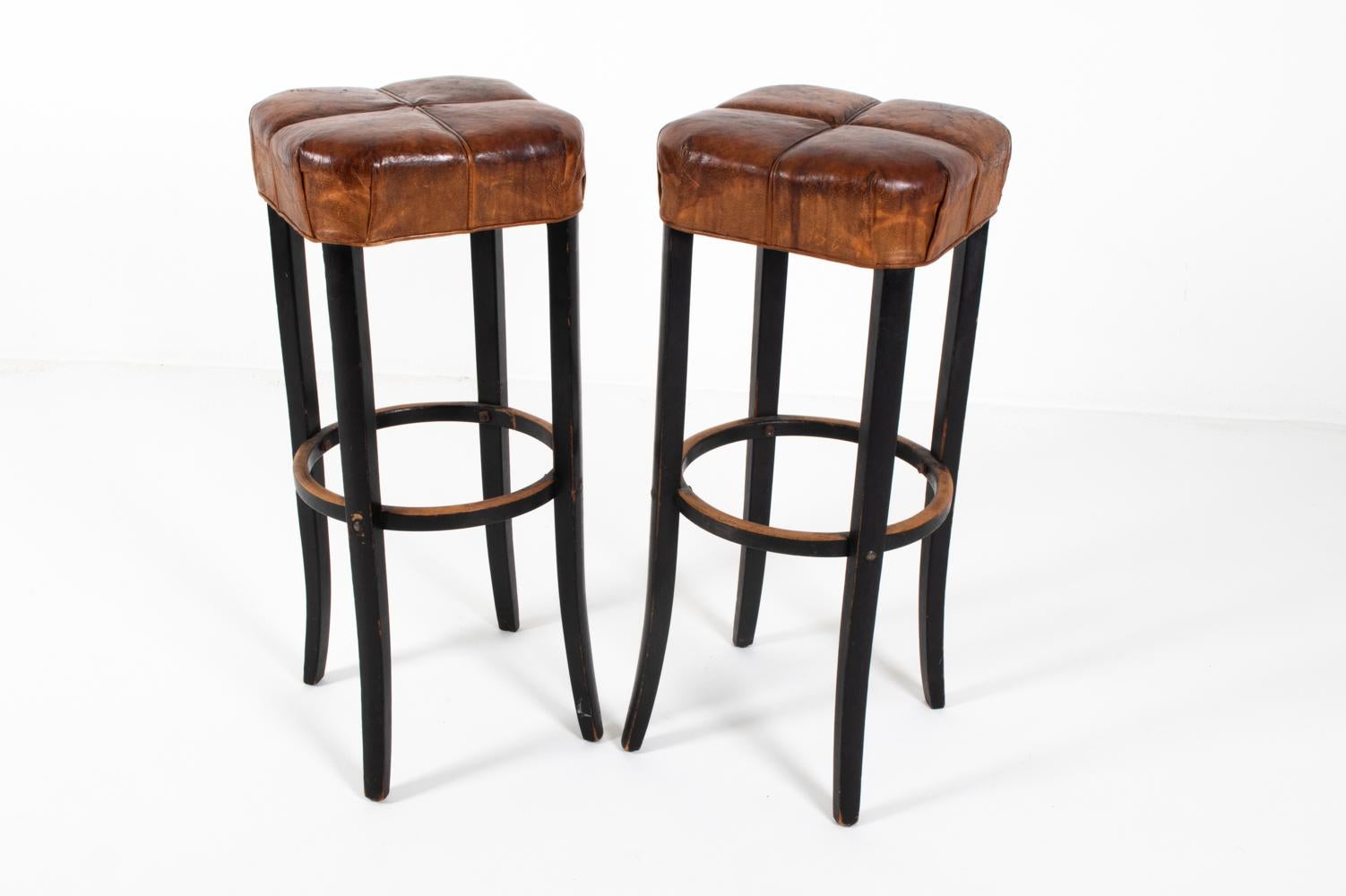 Art Deco (3) Set of Beech and Leather Stools In The Style of Michael Thonet, C. 1930'S For Sale