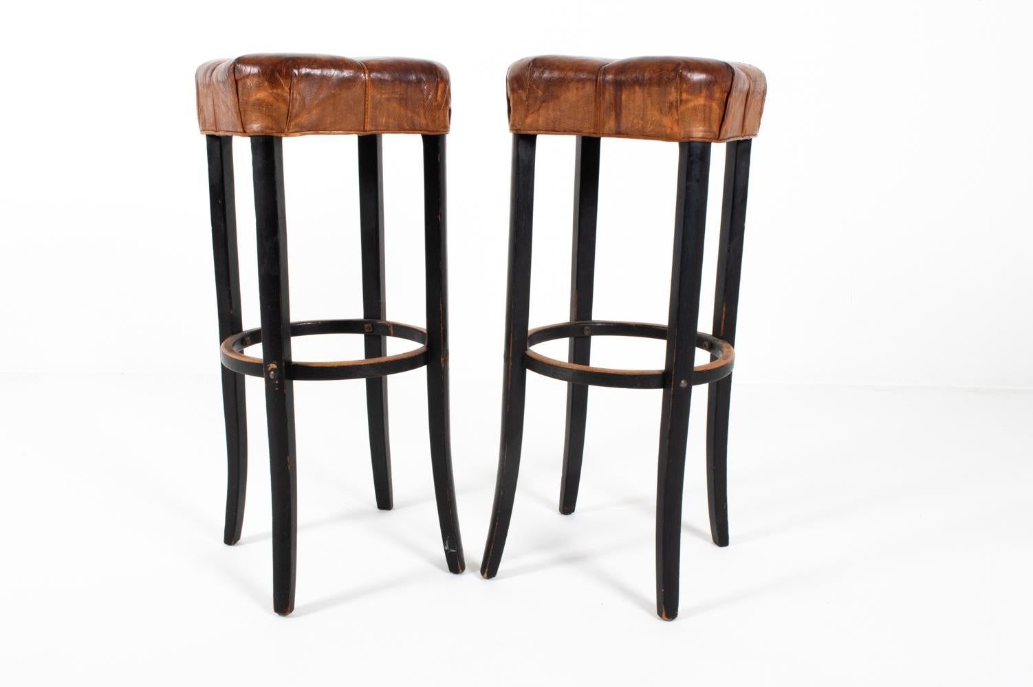 Scandinavian (3) Set of Beech and Leather Stools In The Style of Michael Thonet, C. 1930'S For Sale