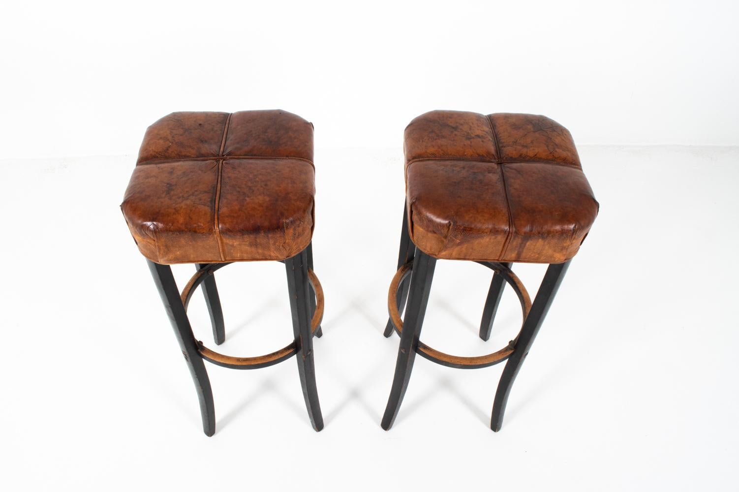 20th Century (3) Set of Beech and Leather Stools In The Style of Michael Thonet, C. 1930'S For Sale